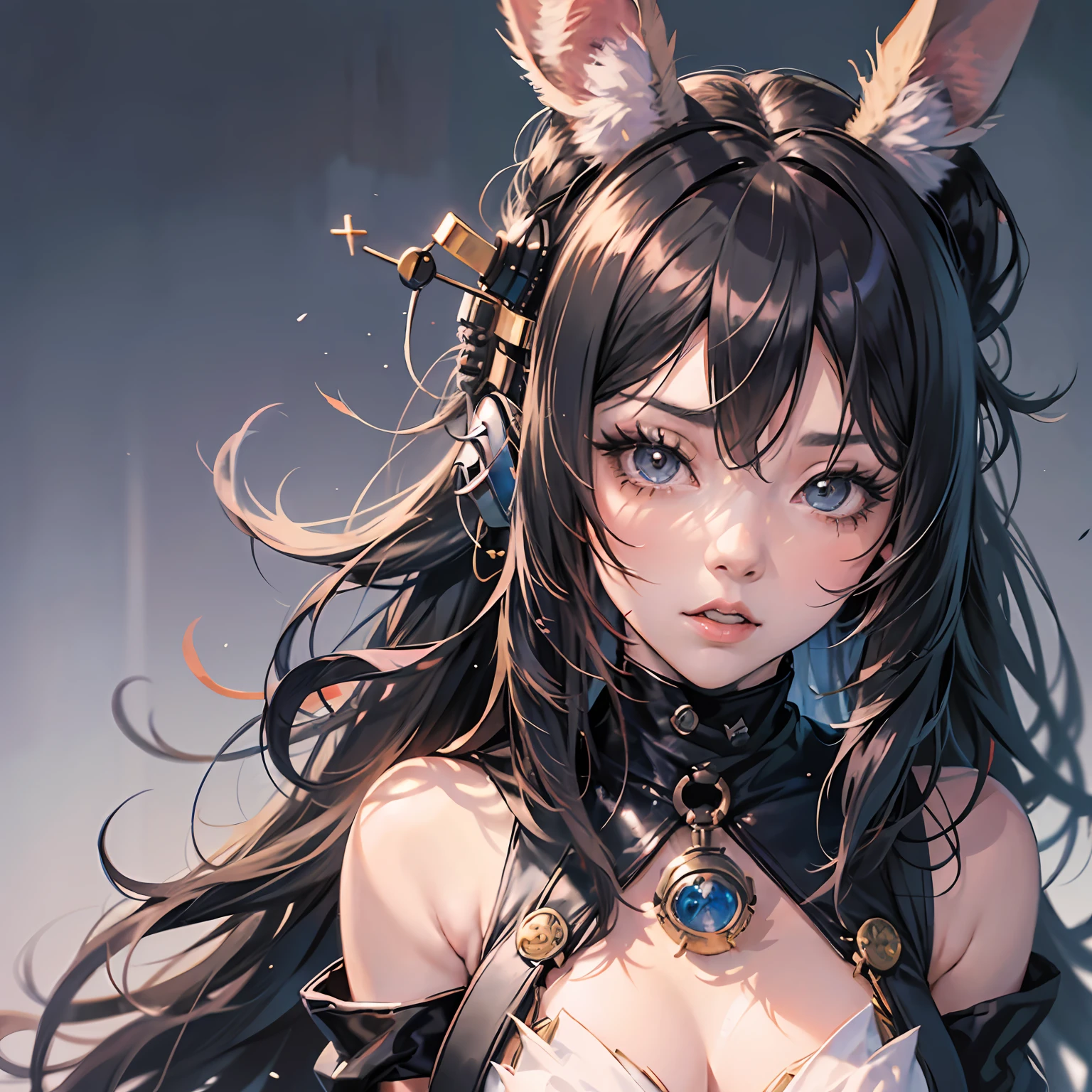 anime style, a closeup of a cartoon of a woman with ears and rabbit tail, with rabbit tail, with rabbit ears, girl design, mara, portrait, giesha, anime image, long hair, black hair, hair covering ears, serious, polished and powerful look, exotic, tall --auto --s2