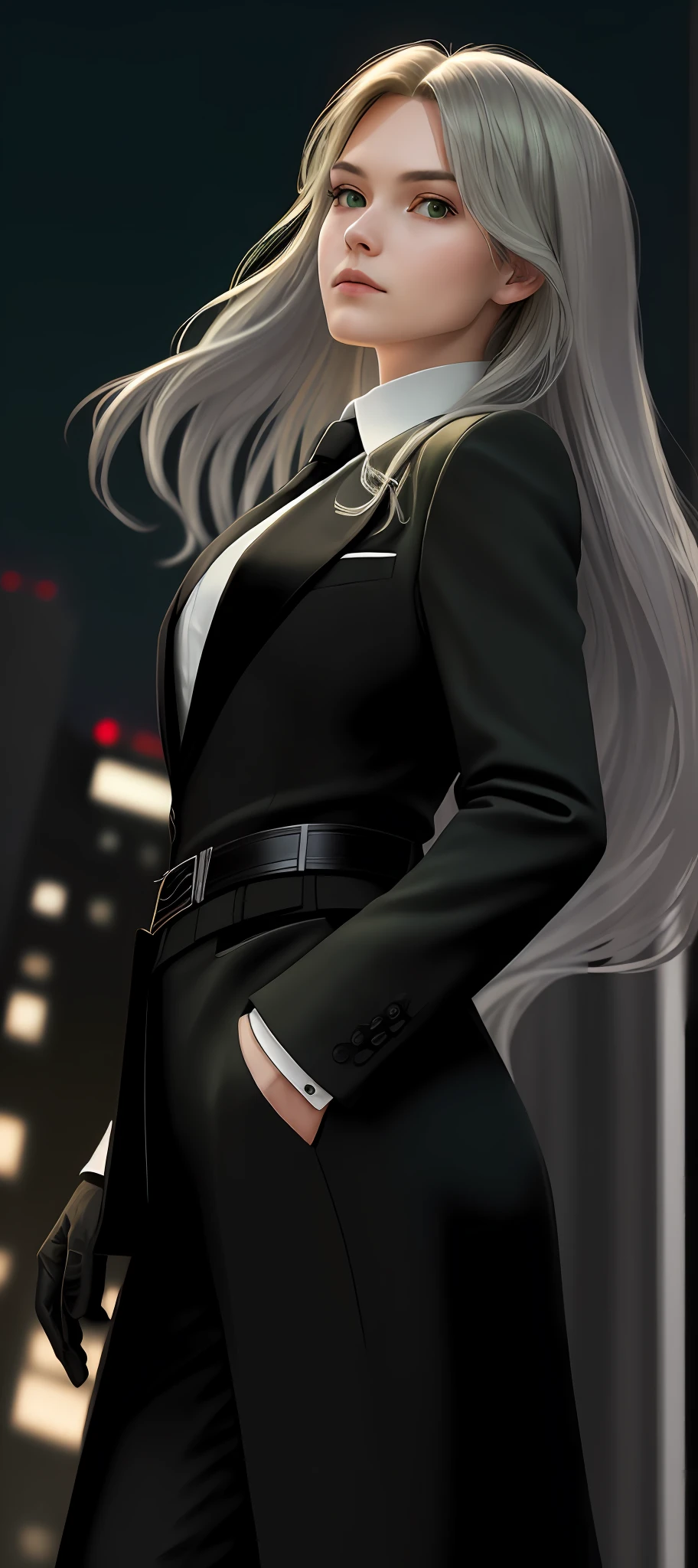 (masterpiece, best quality),(((from below, depth of field, dutch angle, green lighting))), floating hair, 1girl, solo, formal, hand in pocket, suit, black gloves, building, looking at viewer, black necktie, fingerless gloves, white shirt, city, outdoors, black jacket, belt, black pants, collared shirt, brown eyes, standing, long sleeves, grey hair, cityscape, open jacket, cowboy shot, skyscraper, black suit, night, pant suit, very long hair