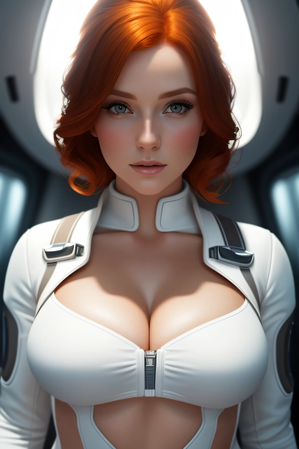 a portrait photography of a gorgeous redhead in open unbuttoned white space suit, cleavage, standing inside spaceship, attractive, flirting, looking at viewer, detailed skin, highly detailed, diffused soft lighting, hyperrealism, cinematic lighting