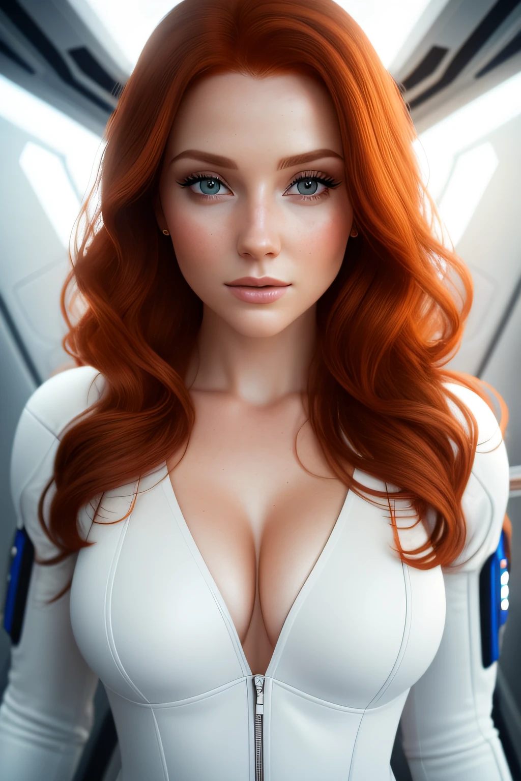 a portrait photography of a gorgeous redhead in open unbuttoned white space suit, cleavage, standing inside spaceship, attractive, flirting, looking at viewer, detailed skin, highly detailed, diffused soft lighting, hyperrealism, cinematic lighting