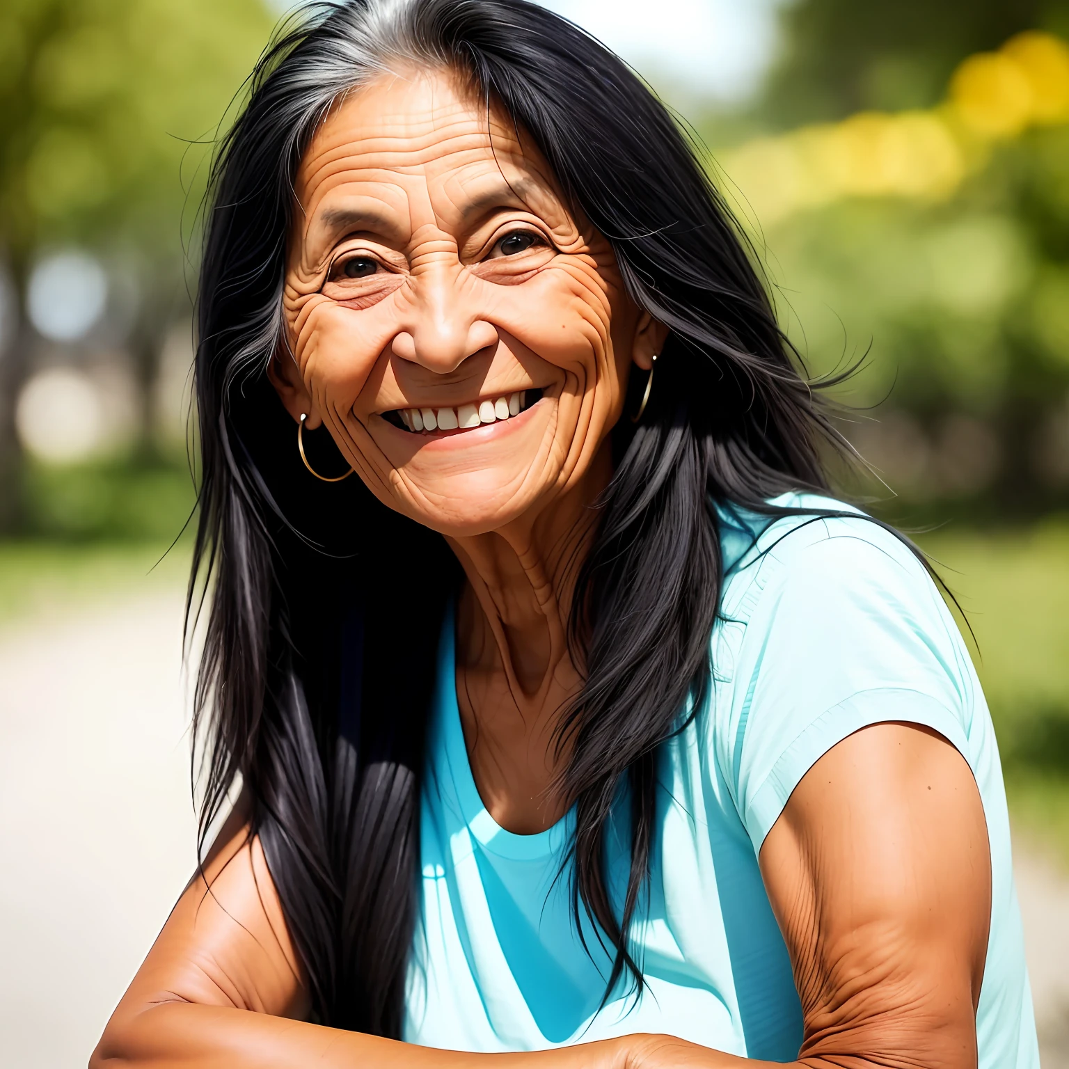 Portrait (50 year old woman 1.2) lady tanned skin, long black hair, smiling