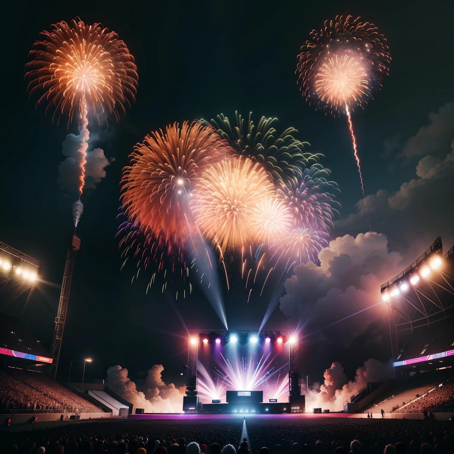 Starry night with a purple and red sky. The moon, red in color, shines brightly. In the foreground, there is a huge football stadium, with an equally large stage in the center. The stage has two huge screens and several speakers integrated into its structure. Flamethrowers are in full operation, creating an explosion of flames in sync with the music. Rock band Bon Jovi is on stage, playing with infectious energy. The crowd watching the show is diverse, made up of people of all ages, from the '60s to the 2000s. Some have cell phones in the air, capturing the moment, while others hold lit candles, creating a magical atmosphere. There are also people holding signs with messages of support for the band. A drone flies over the stadium, capturing aerial footage of the spectacle. Fireworks light up the sky, creating a spectacle of colors and lights, complementing the energy of the show."