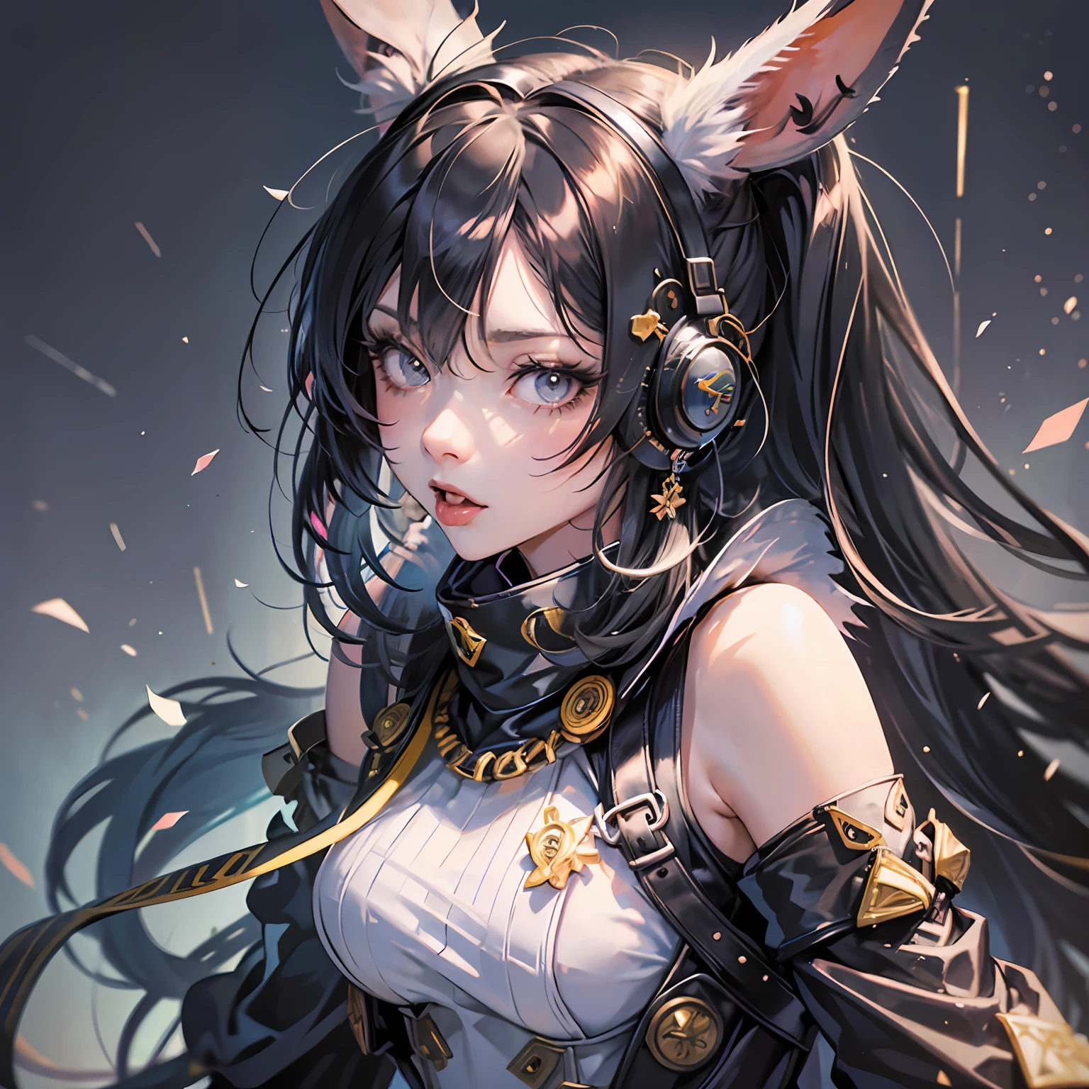 anime style, a closeup of a cartoon of a woman with ears and rabbit tail, with rabbit tail, with rabbit ears, girl design, mara, portrait, giesha, anime image, long hair, black hair, hair covering ears, tongue out, polished and powerful look, exotic, tall --auto --s2