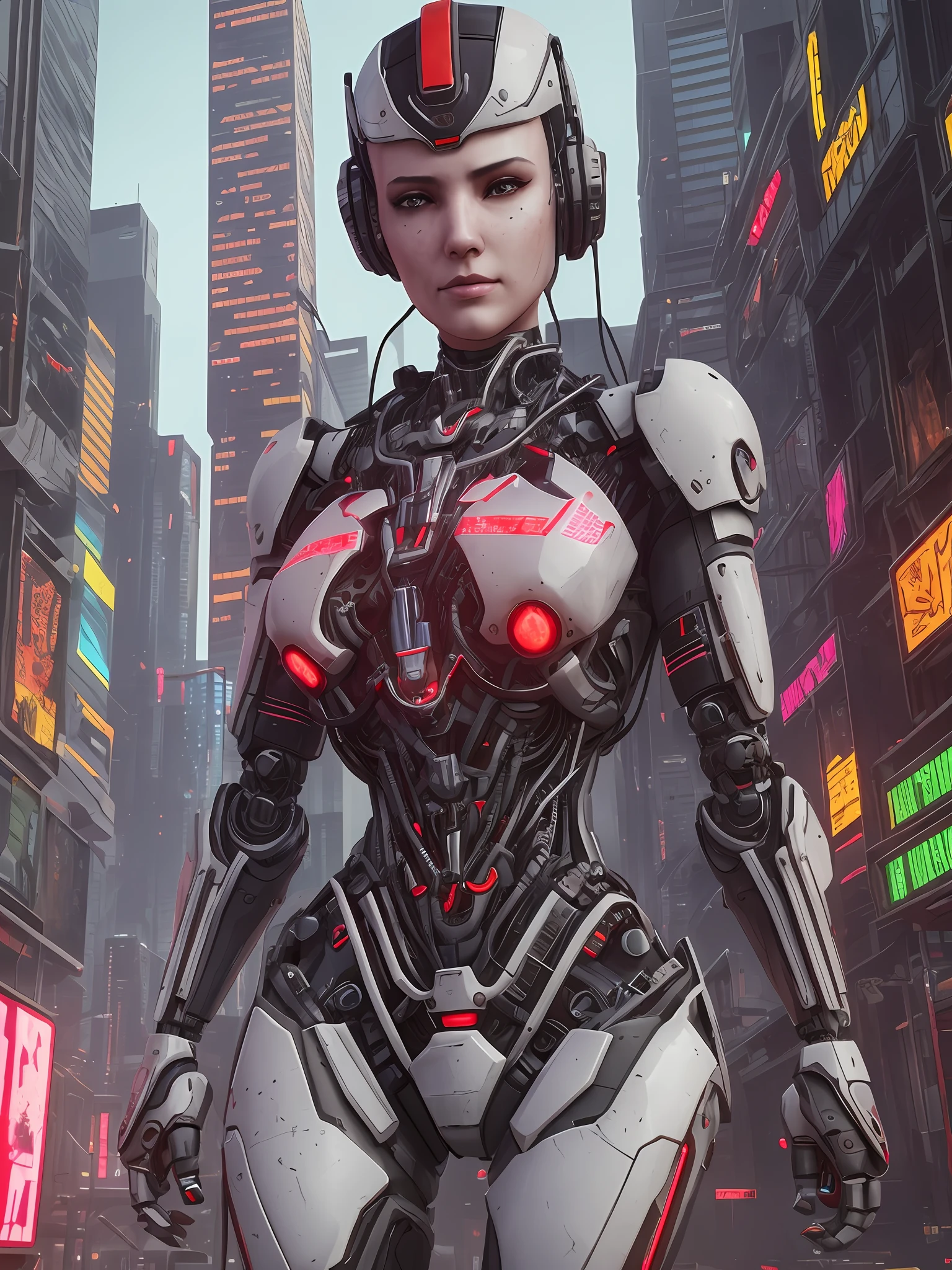 A realistic robot, with pieces of human flesh, many implants, cyberpunk scenario, unreal engine, UHD --auto --s2