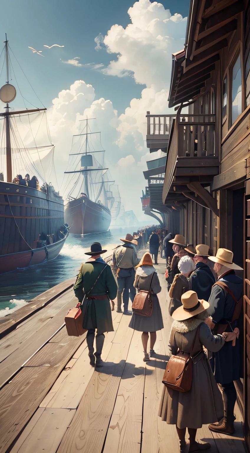 ((best quality), (masterpiece), (detailed)) an expedition of English settlers embarking in search of a new life, men. The scene depicts the busy pier, with the settlers carrying their suitcases and crates, full of hope and determination. The framing is wide, capturing the flow of people and the hustle and bustle of the port. The colonists' facial expressions reveal a mix of emotions, from anticipation to anxiety for the unknown. The clothes and accessories of the period are portrayed in minute detail, demonstrating the realistic style. Natural light illuminates the scene, creating a contrast between lighter areas and soft shadows. The brushstrokes are precise and meticulous, reflecting realistic technique. The color palette is rich and varied, with earthy tones and subtle nuances. The aim is to convey the sense of realism and immersion in the history of the English colonists. (Camera angle: a high angle, capturing the length of the pier and showing the movement of people in a panoramic way)