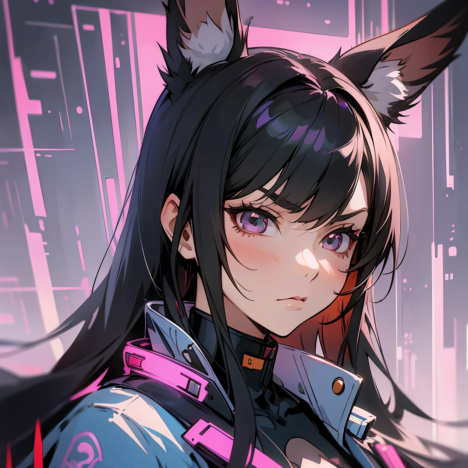 anime style, a closeup of a cartoon of a woman with ears and rabbit tail, with rabbit tail, with rabbit ears, girl design, mara, portrait, giesha, anime image, long hair, black hair, hair covering ears, serious, cyberpunk, polished and powerful look, exotic, tall --auto --s2