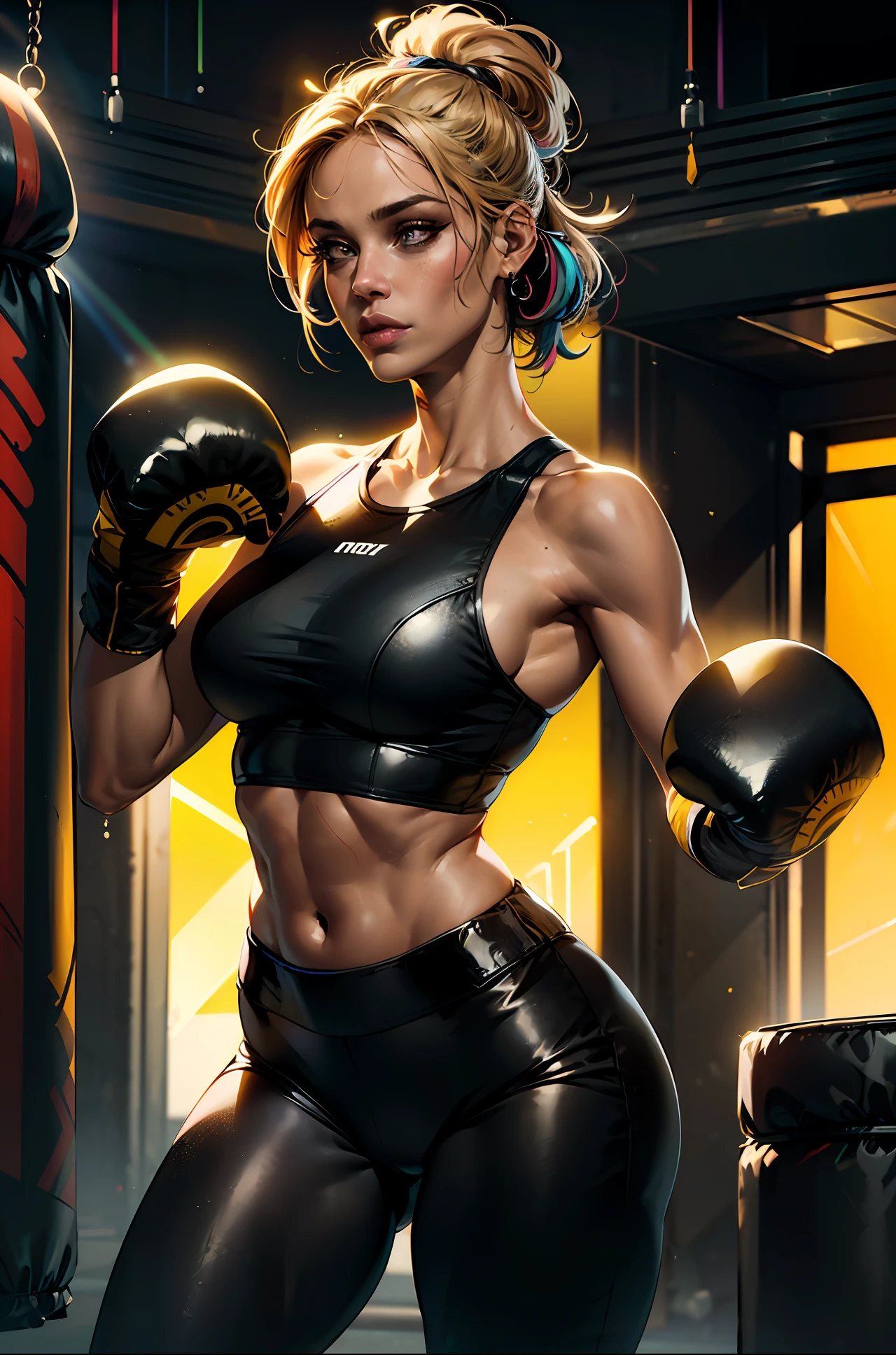 ((best quality)), ((masterpiece)), (detailed),
(highres), 8k, detailed illustration, ultra-detailed, ambient light, backlighting, realistic shadows, glowing particles,
(((vivid colors:1.4, bright colors:1.2, 2.5d, flat-colors:1.2))),
(seductive lips:1.3), detailed eyes, big eyelashes,
Sonya Blade cowboy shot, fighting posture, black legging pants, yellow top, tight clothing, bare shoulders, toned, athletic, police gym, punching bag, wearing boxing gloves, HDRM, big eyes