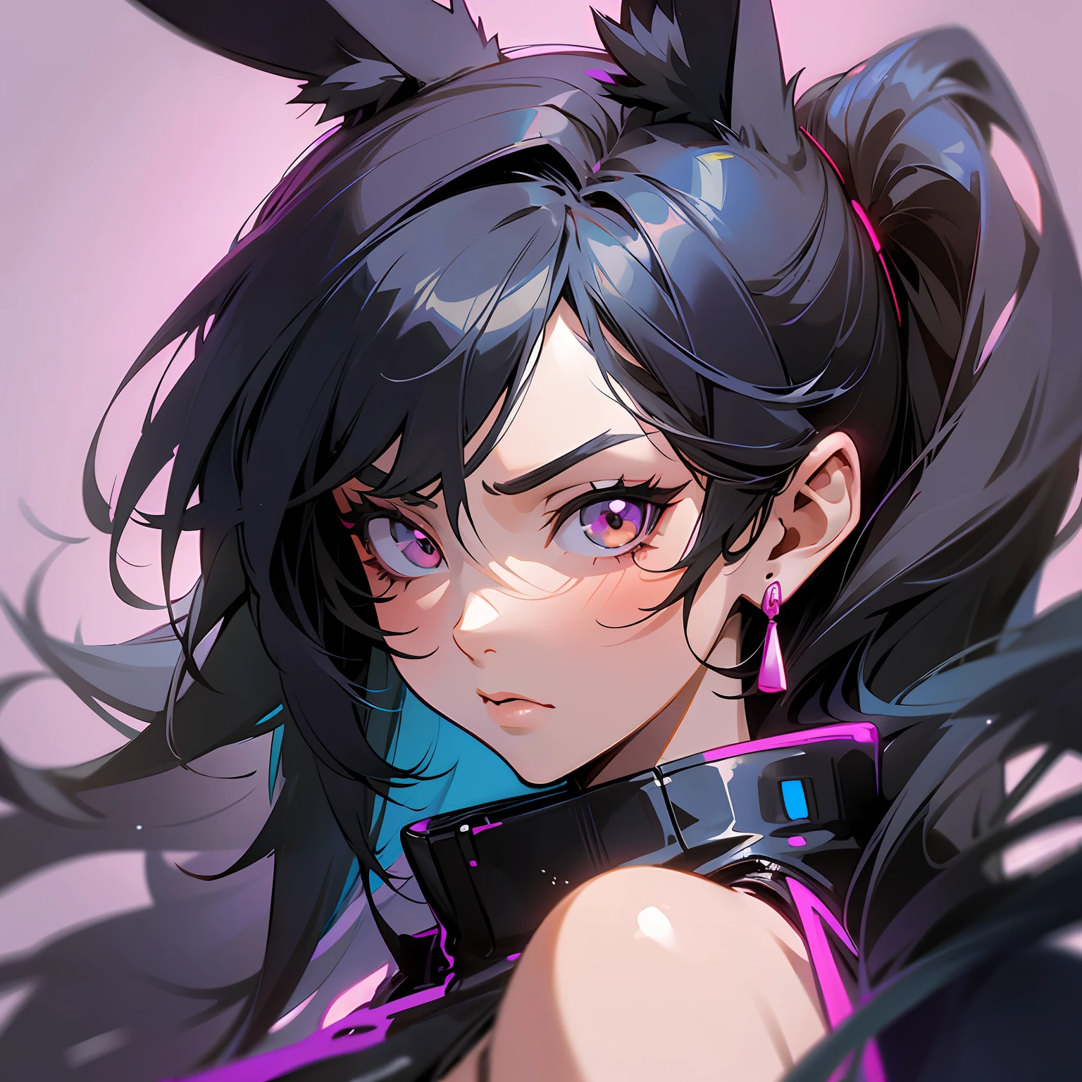 anime style, a closeup of a cartoon of a woman with ears and rabbit tail, with rabbit tail, with rabbit ears, girl design, mara, portrait, giesha, anime image, long hair, black hair, hair covering ears, serious, cyberpunk, polished and powerful look, exotic, tall --auto --s2