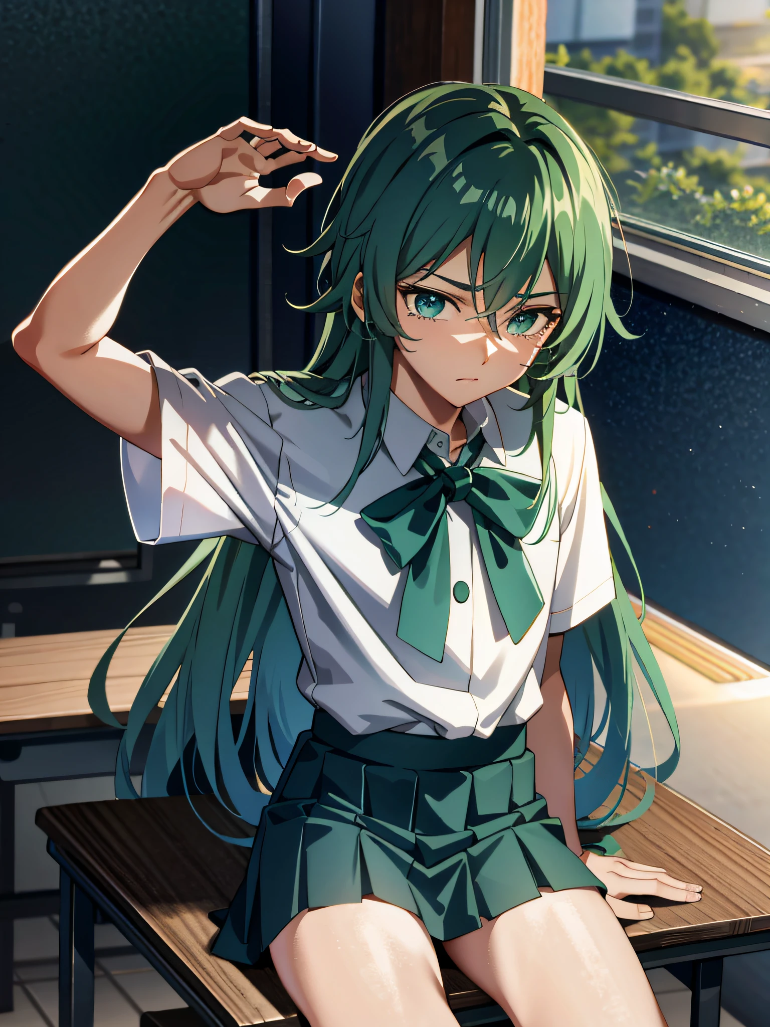 (Saint Seiya), 1 male, effeminate, Green hair, Shun wearing white school uniform with skirt, embarrassed, in the classroom