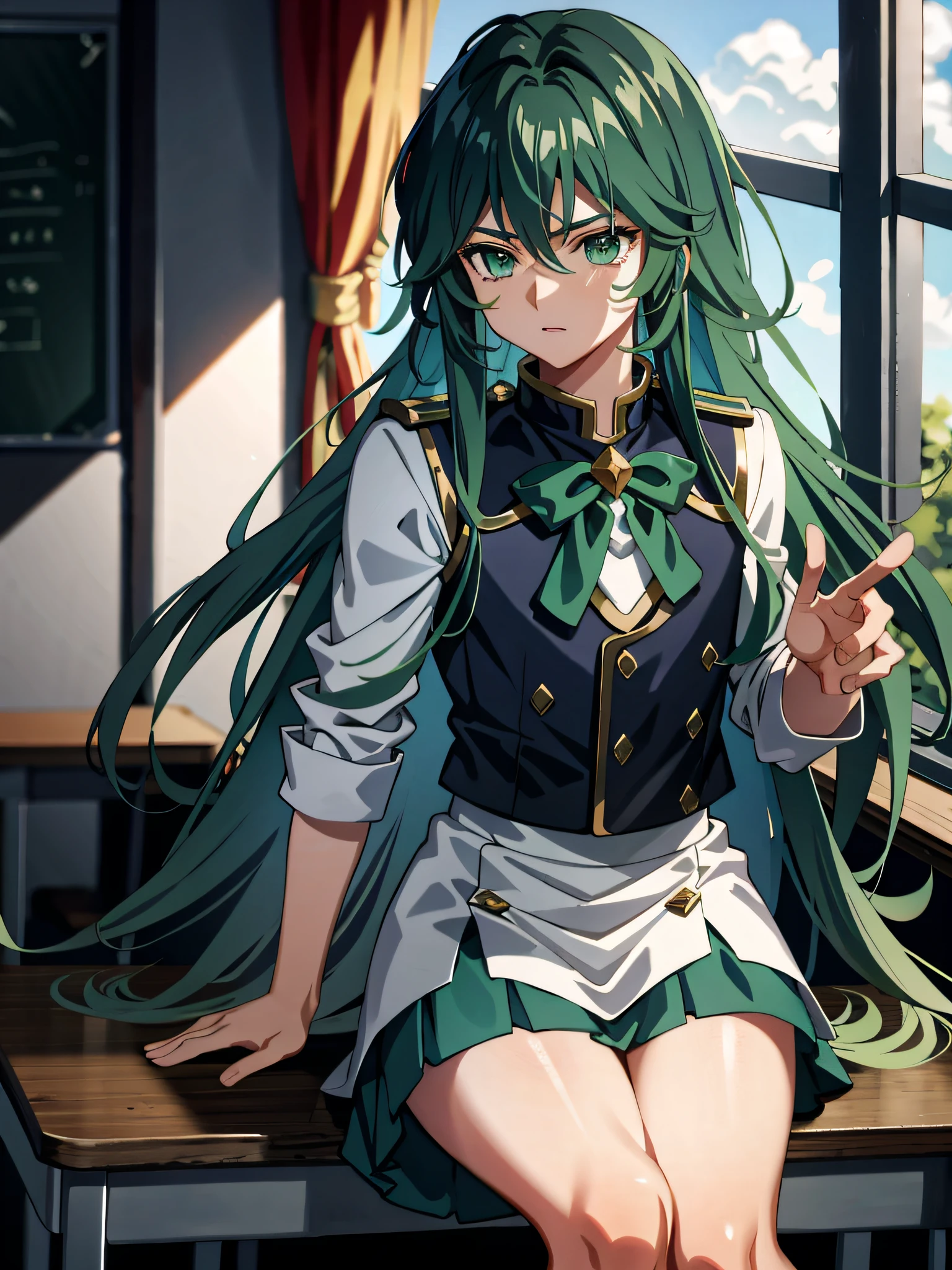 (Saint Seiya), 1 male, effeminate, Green hair, Shun wearing white school uniform with skirt, embarrassed, in the classroom