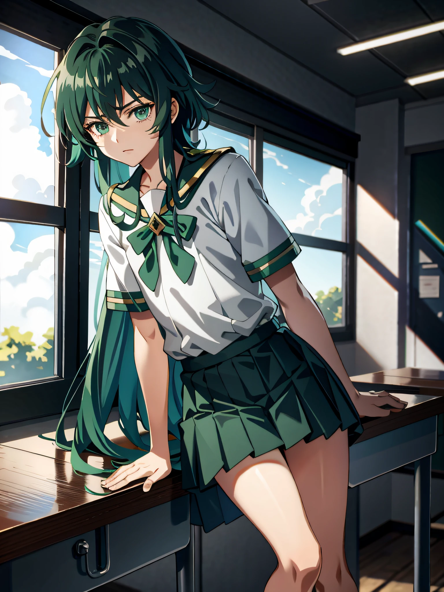 (Saint Seiya), 1 male, effeminate, Green hair, Shun wearing white school uniform with skirt, embarrassed, in the classroom