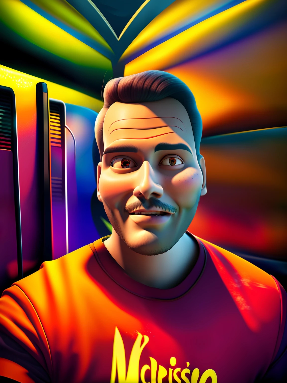 color photo of a realistic cartoon caricature preserving image details", exaggerated facial features without beard, vibrant colors, playful expression, realistic representation of image details, detailed line work, cartoonish elements, exaggerated perspective, surreal background —c 10 —air 2:3