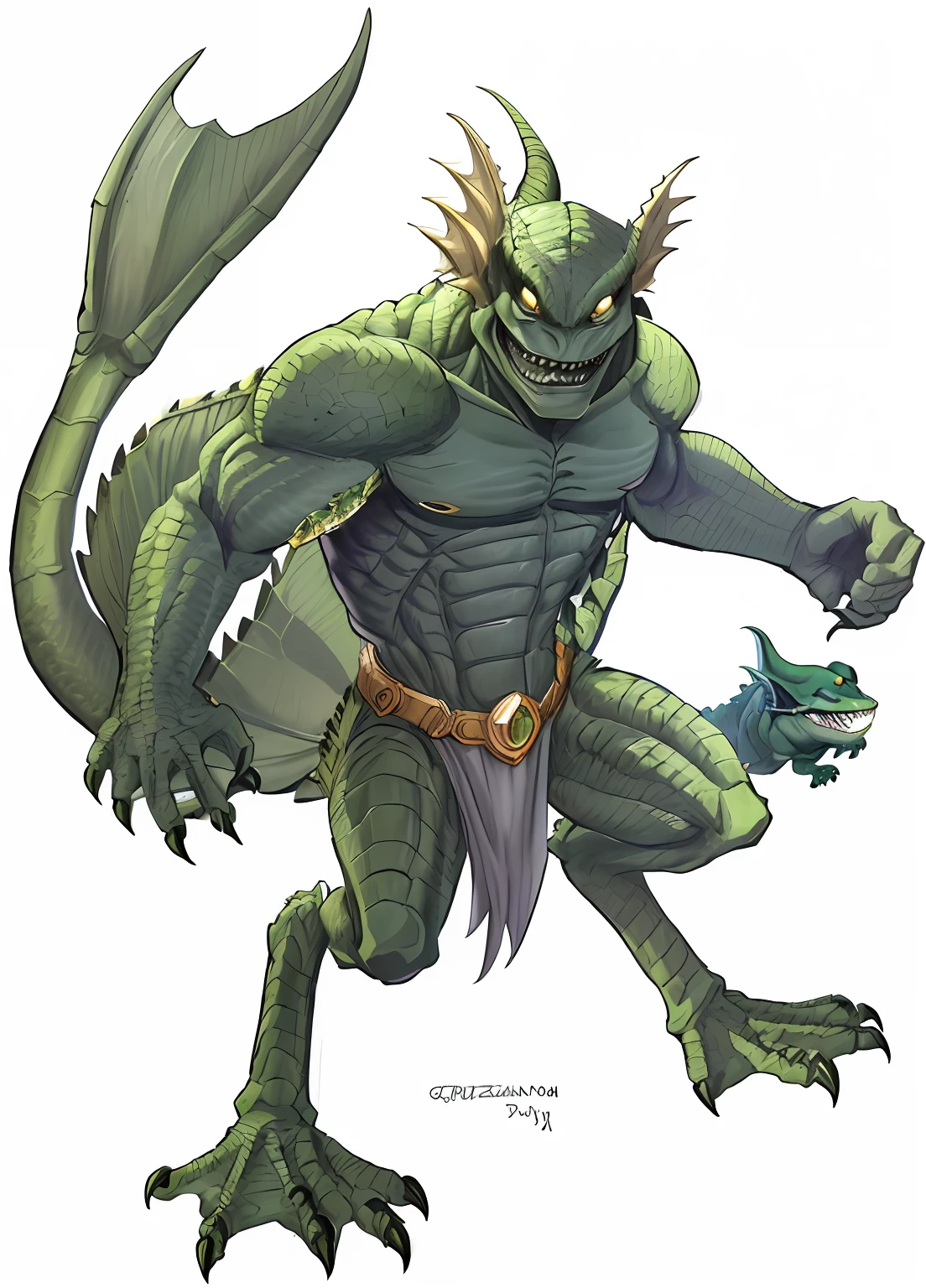 a drawing of a green creature with a large head and claws, lizardman, lizardman art, lizardfolk, sci-fi lizardman, as atlantean reptilian warriors, male djinn man demon hybrid, chupacabra, lizardman thief, anthro lizard, argonian, from pathfinder, green goblin, basilisk