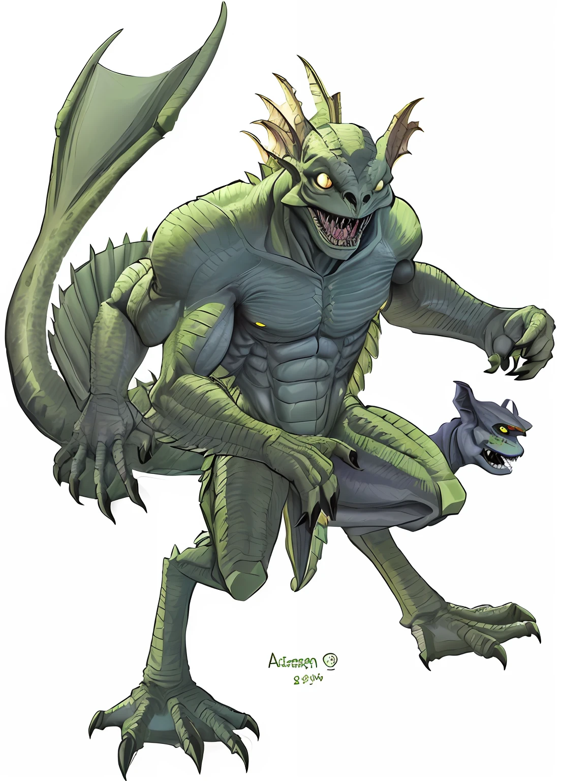 a drawing of a green creature with a large head and claws, lizardman, lizardman art, lizardfolk, sci-fi lizardman, as atlantean reptilian warriors, male djinn man demon hybrid, chupacabra, lizardman thief, anthro lizard, argonian, from pathfinder, green goblin, basilisk