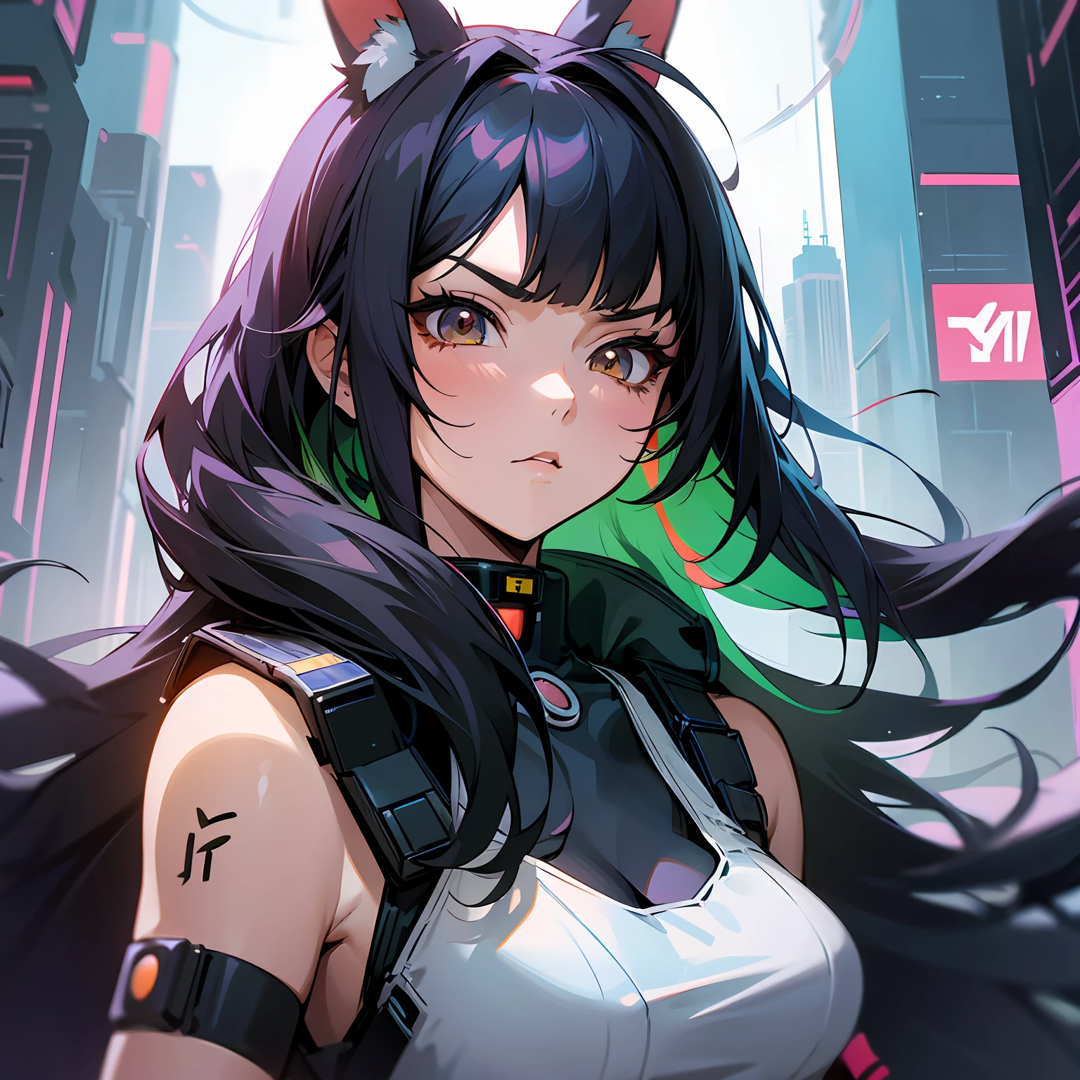 anime style, a closeup of a cartoon of a woman with ears and rabbit tail, with rabbit tail, with rabbit ears, girl design, mara, portrait, giesha, anime image, long hair, black hair, hair covering ears, serious, cyberpunk, tech outfit, polished and powerful look, exotic, tall --auto --s2