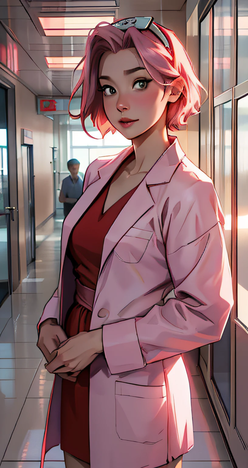 Sakura, woman, ((solo)), beautiful woman, seductive, ((Asiatic)), ((forehead to show)), wearing bandana, standing, wearing lab coat in a hospital, sexy eyes, red dress, forehead to show, beautiful, cute, pink hair, delicate, young, short hair, full body, sensual lips, inspiration in lois van baarle