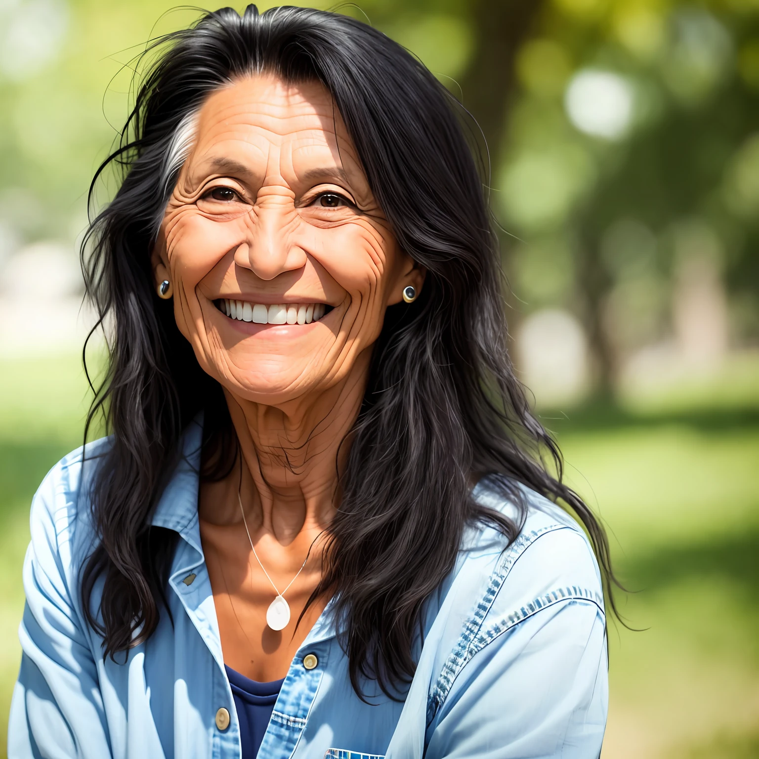Portrait (50 year old woman 1.2) tanned skin, long black hair, smiling