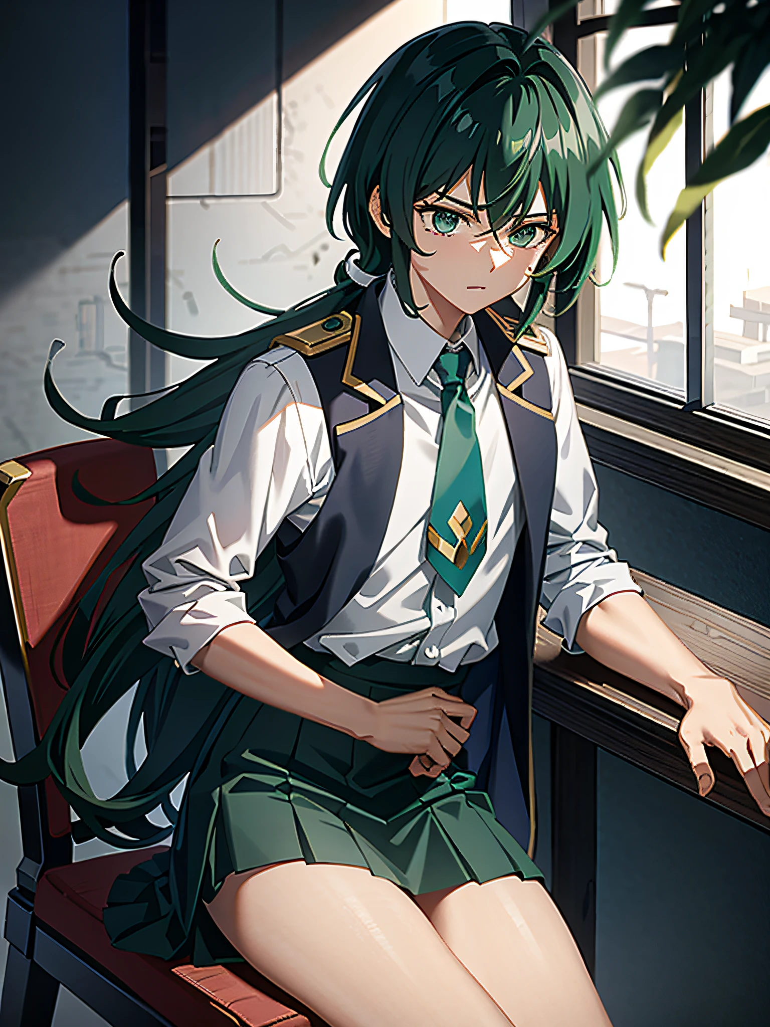 (Saint Seiya), 1 male, effeminate, Green hair, Shun wearing white school uniform with skirt, embarrassed, sitting in a chair on his back, skirt raised showing panties from behind, back shot