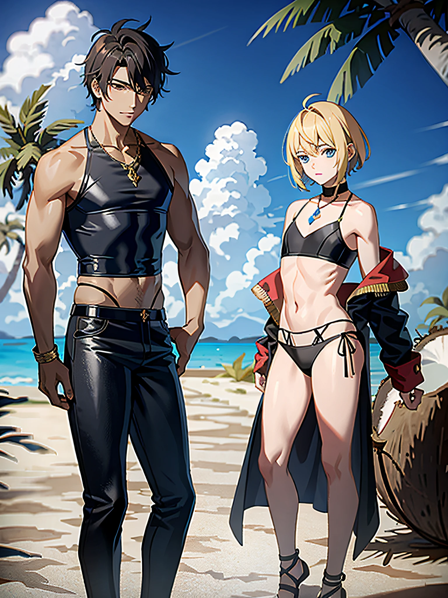 (FF pee), 1 male, effeminate, Vaan wearing cropped top and leather skirt, showing off panties, in the shade of a coconut tree in the desert