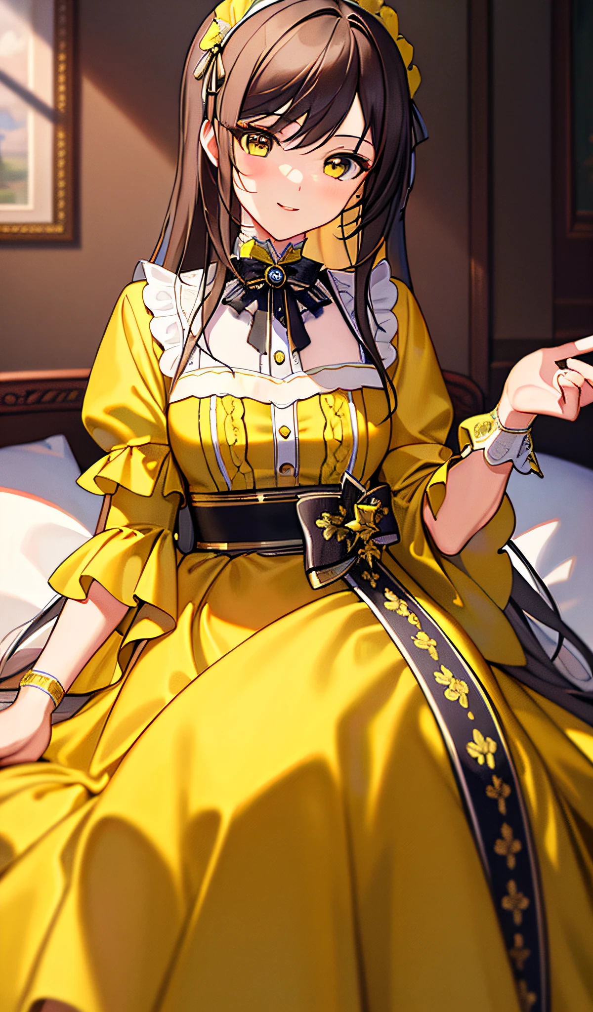 (((Masterpiece)))), (((Best Quality)))), ((((Very detailed)))), detailed fingers, illustrations, 1 girl, Solo, yellow dress,