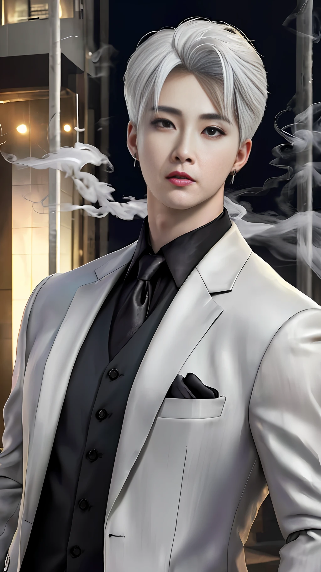 (8k photo, best quality, masterpiece:1.2),(realistic, photo-realistic:1.37) young ,handsome man, Mark Tuan, Got7, white skin, detail face, grey bright eye, white hair, black suit, bad boy, yakuza, tattoo, smoke cigarrate, a lots gangster night town in backdrop, action pose, skull earring, necklage,