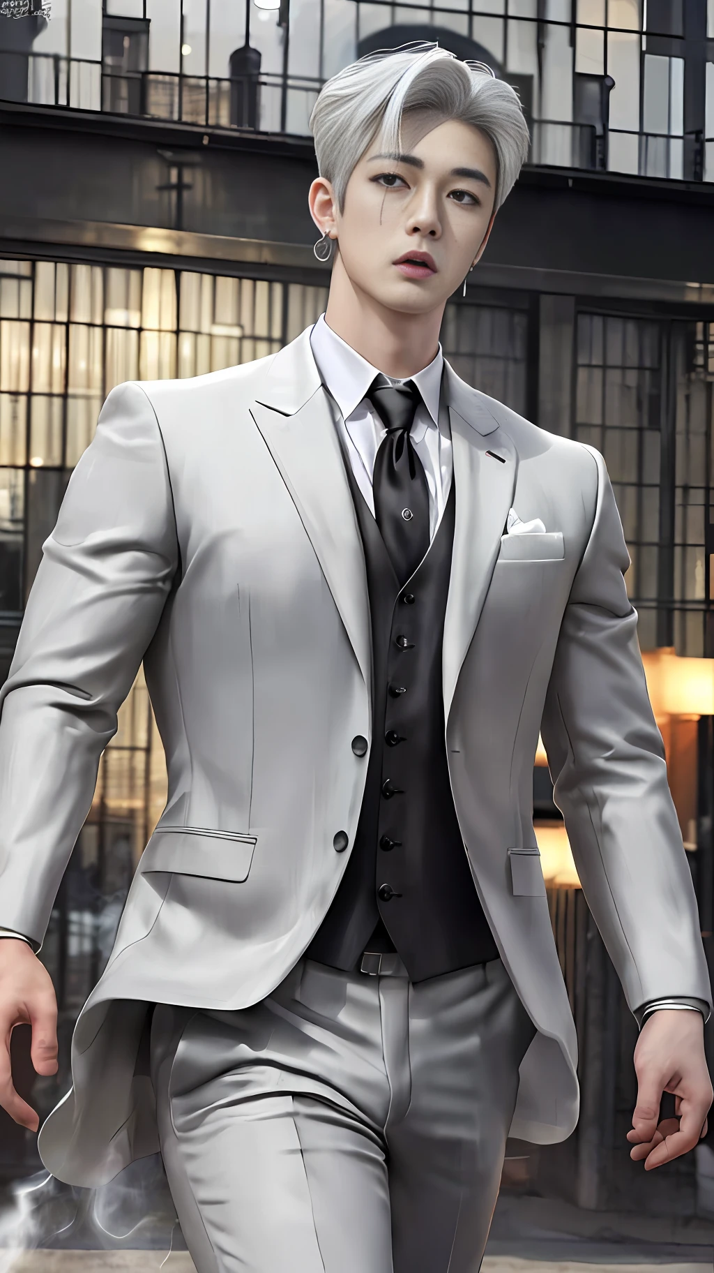 (8k photo, best quality, masterpiece:1.2),(realistic, photo-realistic:1.37) young ,handsome man, Mark Tuan, Got7, white skin, detail face, grey bright eye, white hair, black suit, bad boy, yakuza, tattoo, smoke cigarrate, a lots gangster night town in backdrop, action pose, skull earring, necklage,