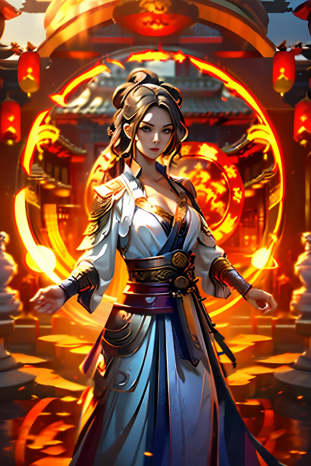 Best quality,masterpiece,ultra high res,(photorealistic:1.4),xiuxian,weapon,Detailed face,
1girl,solo,weapon,cleavage,(magic circle:1.2),xiuxian,upper body,Beautiful girl,full body,east asian architecture,sheath,architecture,