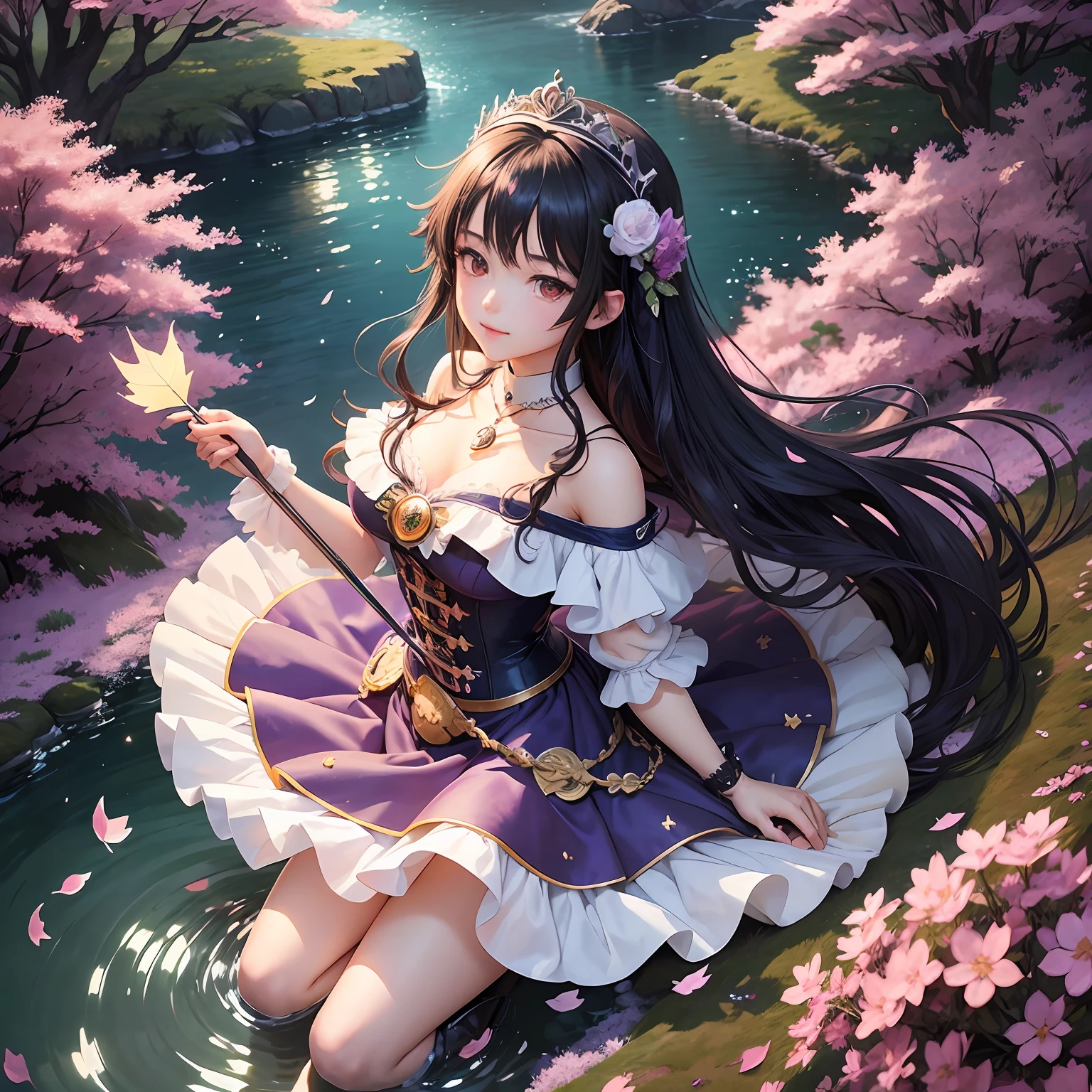 (masterpiece, best quality: 1.2), 1girl, solo, anime art, magic circle, black hair, long hair, finely detailed eyes, smiling expression, sweat, dress with ruffles, purple color scheme, high heels, white gloves, heart shaped necklace, tiara, wielding a wand, flying dragon, forest, scales, sharp claws, pointed tail, sakura trees, moonlight filtering through leaves, fallen leaves, shrubs, sakura flowers, flying flowers, river, bridge, night clouds, starry sky, windy, rustling leaves, anime style --auto --s2