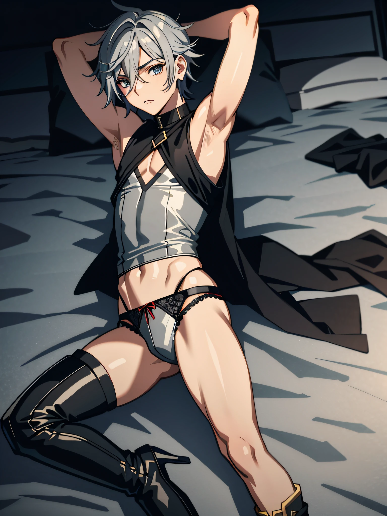(FF xxii), 1 male, effeminate, Vaan wearing open vest in the middle, black and gray, and metallic boots, lying on the bed with arms up, showing panties, shaved armpits