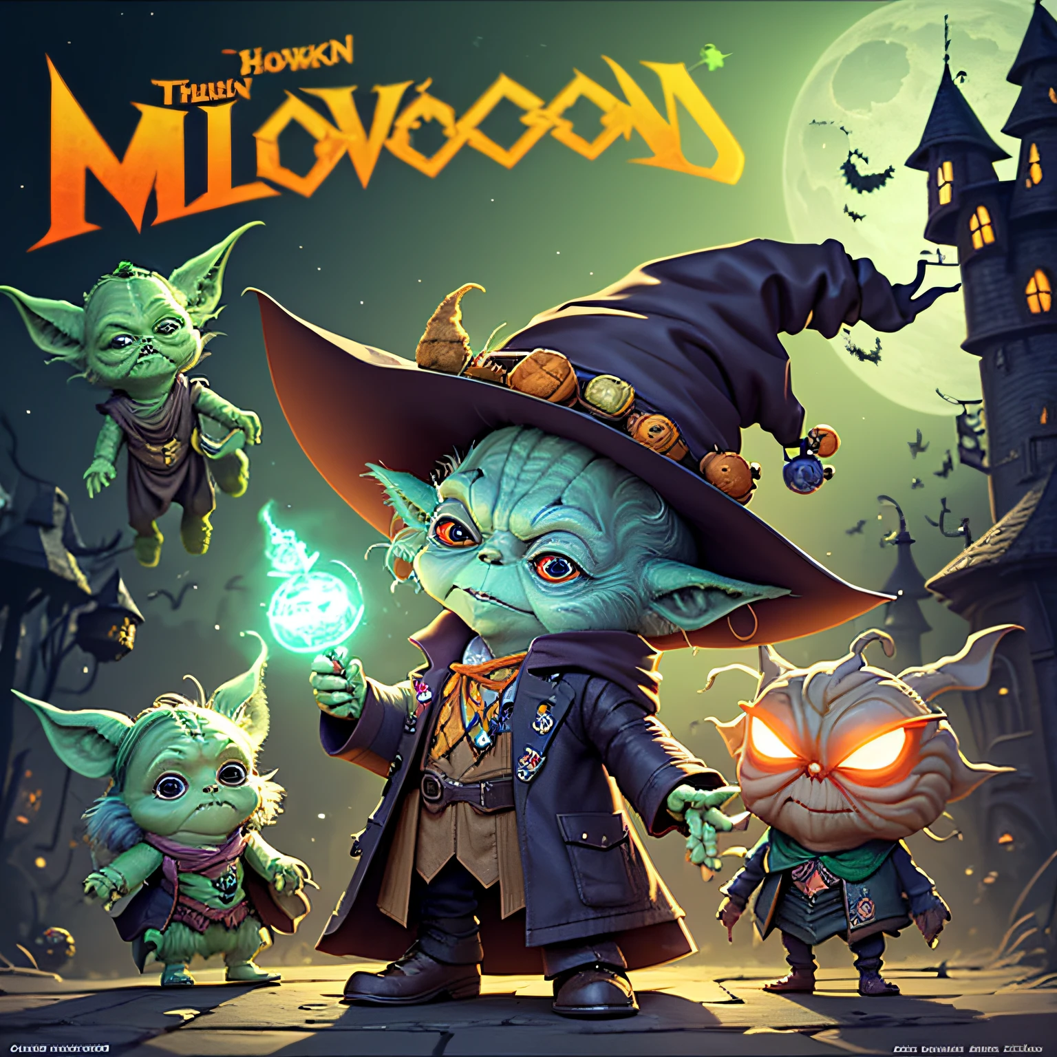 3D cartoon image of aa alien dressed as a wizard, evil wizard, is evil gremlin, evil sorcerer, evil yoda, chawick the fail wizard, chibi, scarry but bewitching, zombie yoda, granny weatherwax, robot wizard, in a halloween style, advanced digital chibi art, halloween art style, --auto --s2