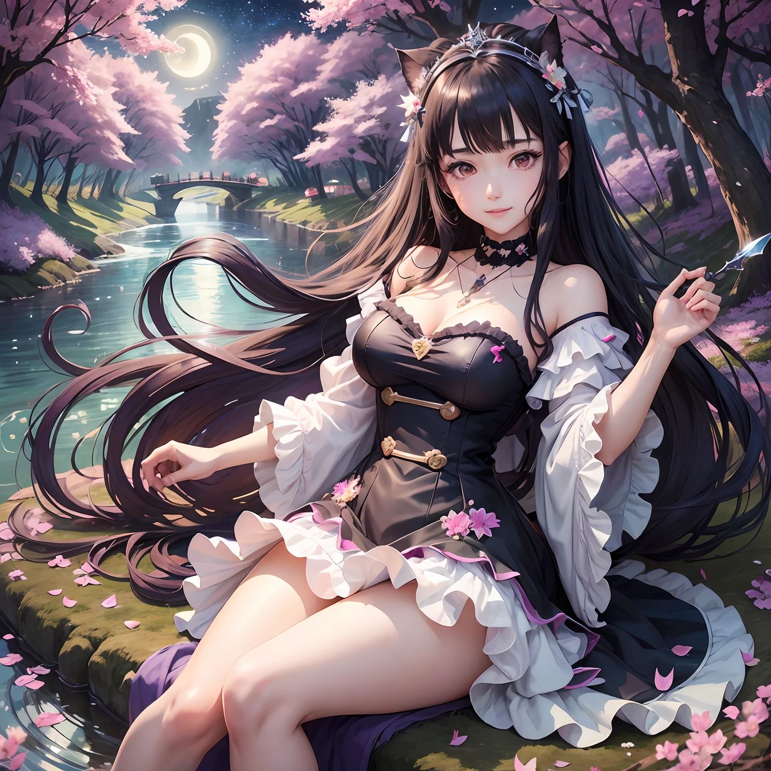 (masterpiece, best quality: 1.2), 1girl, solo, anime art, magic circle, black hair, long hair, finely detailed eyes, smiling expression, sweat, dress with ruffles, purple color scheme, high heels, white gloves, heart shaped necklace, tiara, moonlight, forest, scales, sharp claws, pointed tail, sakura trees, moonlight filtering through leaves, fallen leaves, shrubs, sakura flowers, flying flowers, river, bridge, night clouds, starry sky, windy, rustle of leaves, anime style --auto --s2