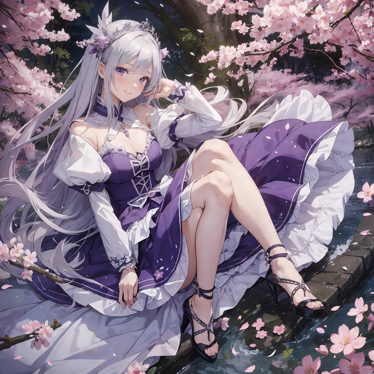 (masterpiece, best quality: 1.2), 1girl, solo, anime art, magic circle, silver white hair, long hair, finely detailed eyes, smiling expression, sweat, dress with ruffles, purple color scheme, high heels, white gloves, heart shaped necklace, tiara, wielding a wand, flying dragon, forest, scales, sharp claws, pointed tail, sakura trees, moonlight filtering through leaves, fallen leaves, shrubs, sakura flowers, flying flowers, river, bridge, night clouds, starry sky, windy, rustle of leaves, anime style --auto --s2