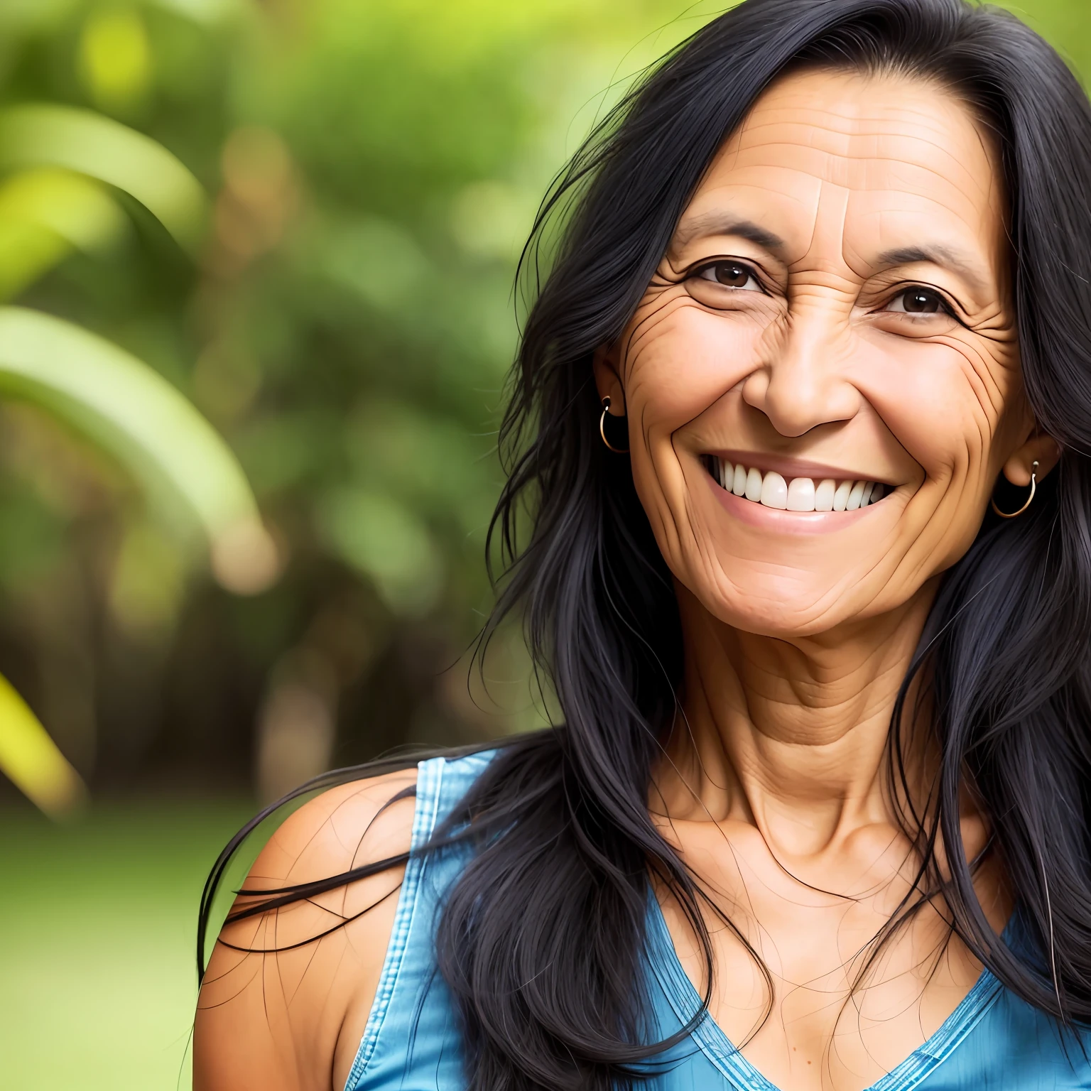 Portrait (40 year old woman 1.2) full face, round, tanned skin, long black hair, smiling