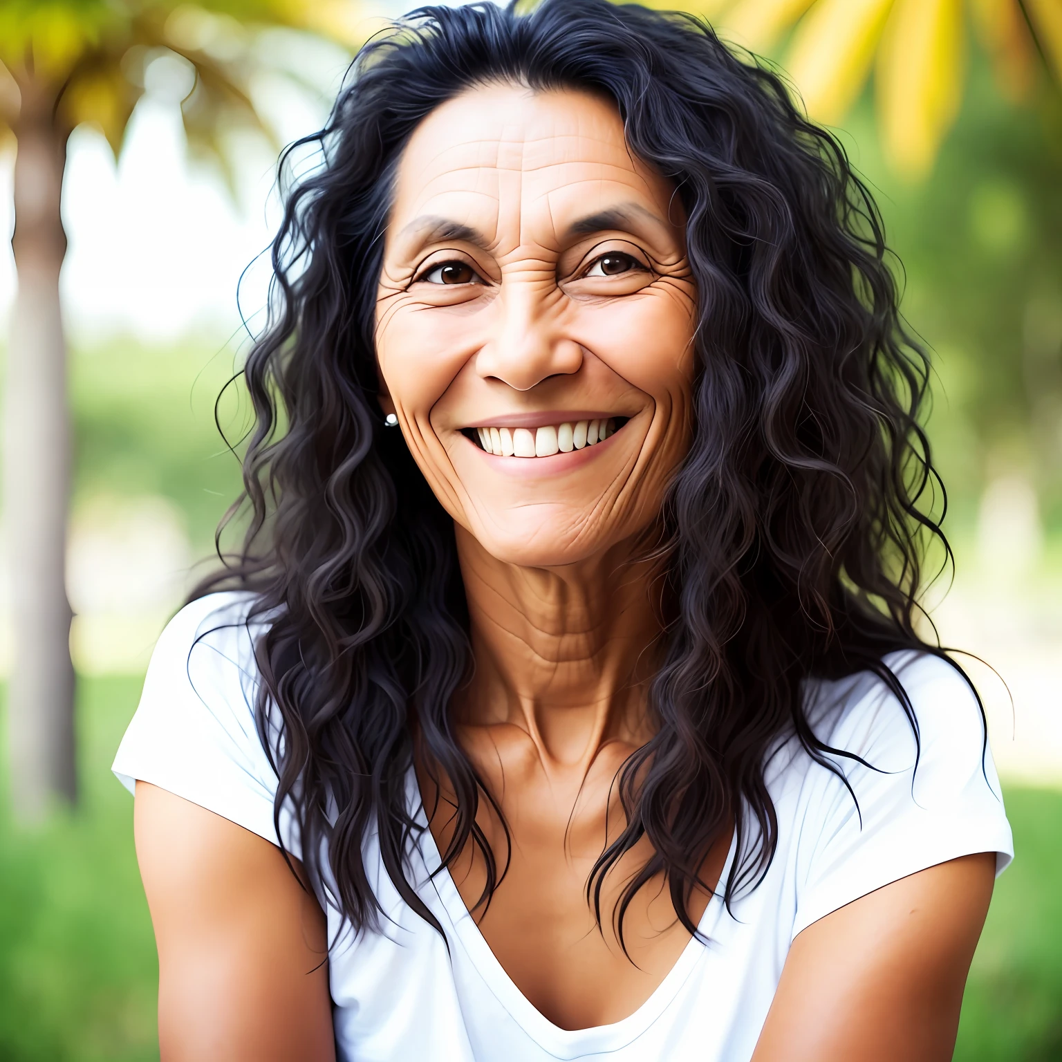 Portrait (40 year old woman 1.2) full face, round, tanned skin, long black hair, smiling