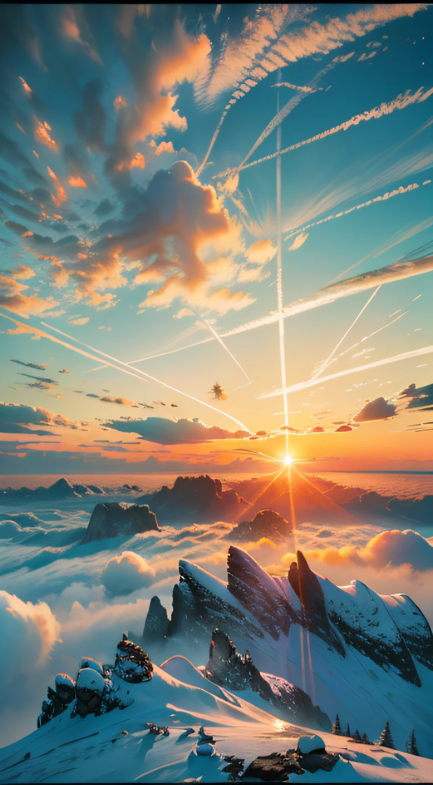 A wonderful image of the sunrise on the horizon, seen from the top of a large mountain. Masterpiece, ultra-realistic image, high quality, 8k, high resolution, high detail, cinematic shading, vivid colors, soft luminosity, Greg Rutkowski style.
