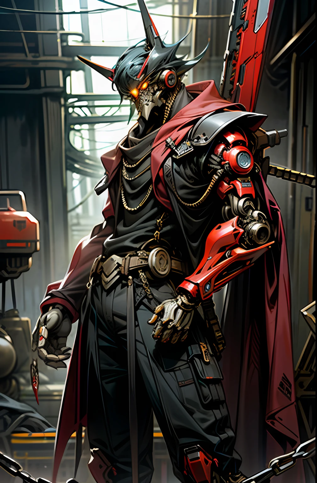 Dark_Fantasy,Cyberpunk,(chain saw,chain saw man,Red:1.1),1man,Mechanical marvel,Robotic presence,Cybernetic guardian,