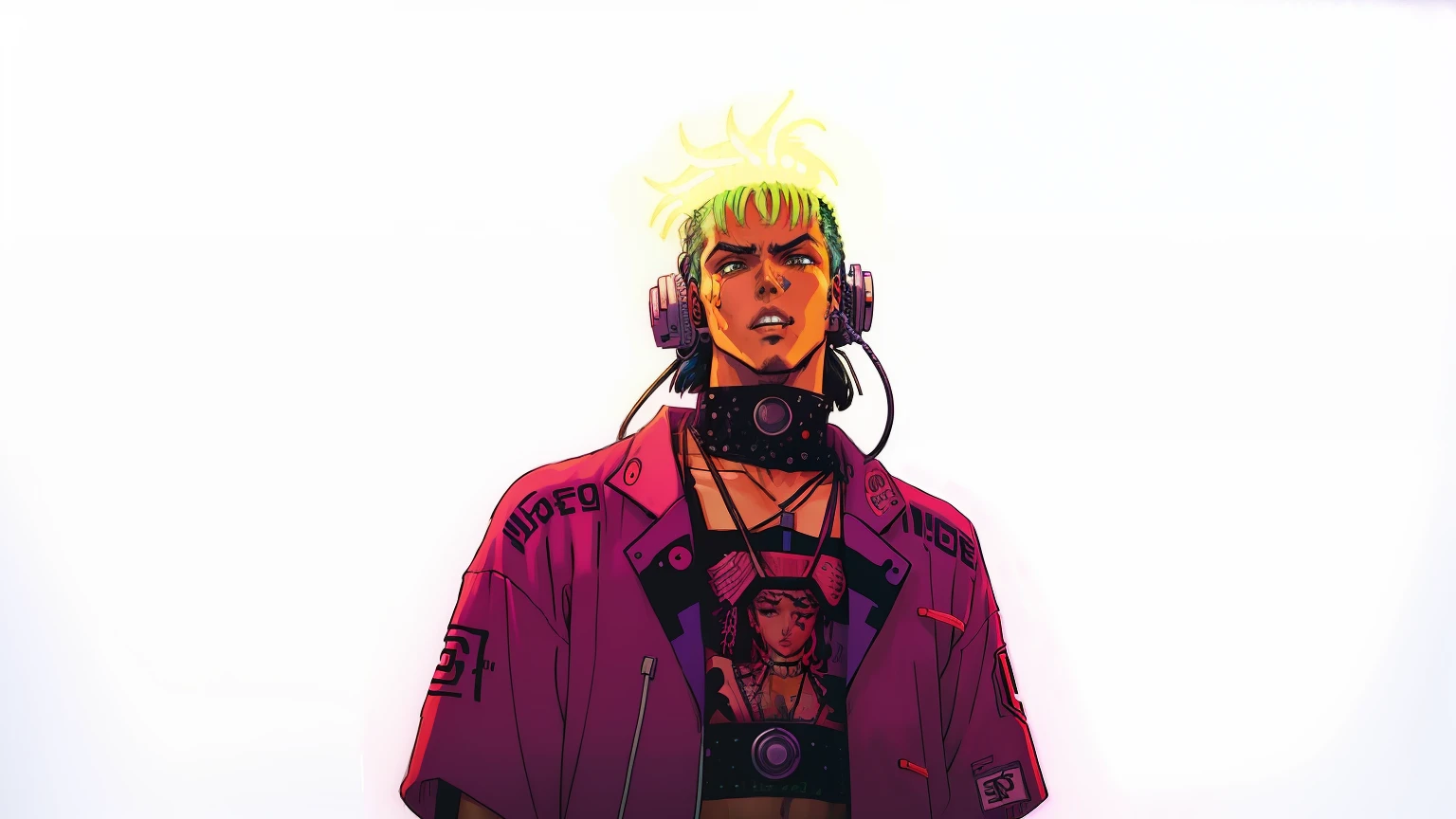 ((Vintage 90's anime style. cyberpunk rapper; by kaethe butcher, hajime sorayama, greg tocchini, virgil finlay, sci-fi, colors, neon lights