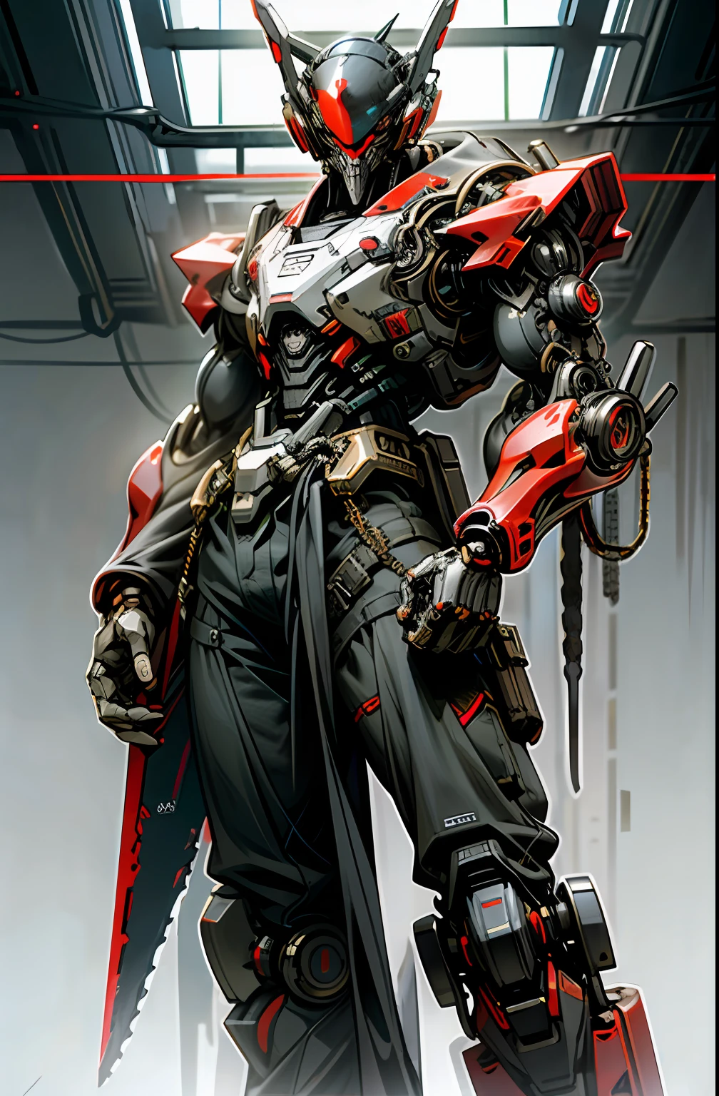 Dark_Fantasy,Cyberpunk,(chain saw,chain saw man,Red:1.1),1man,Mechanical marvel,Robotic presence,Cybernetic guardian,