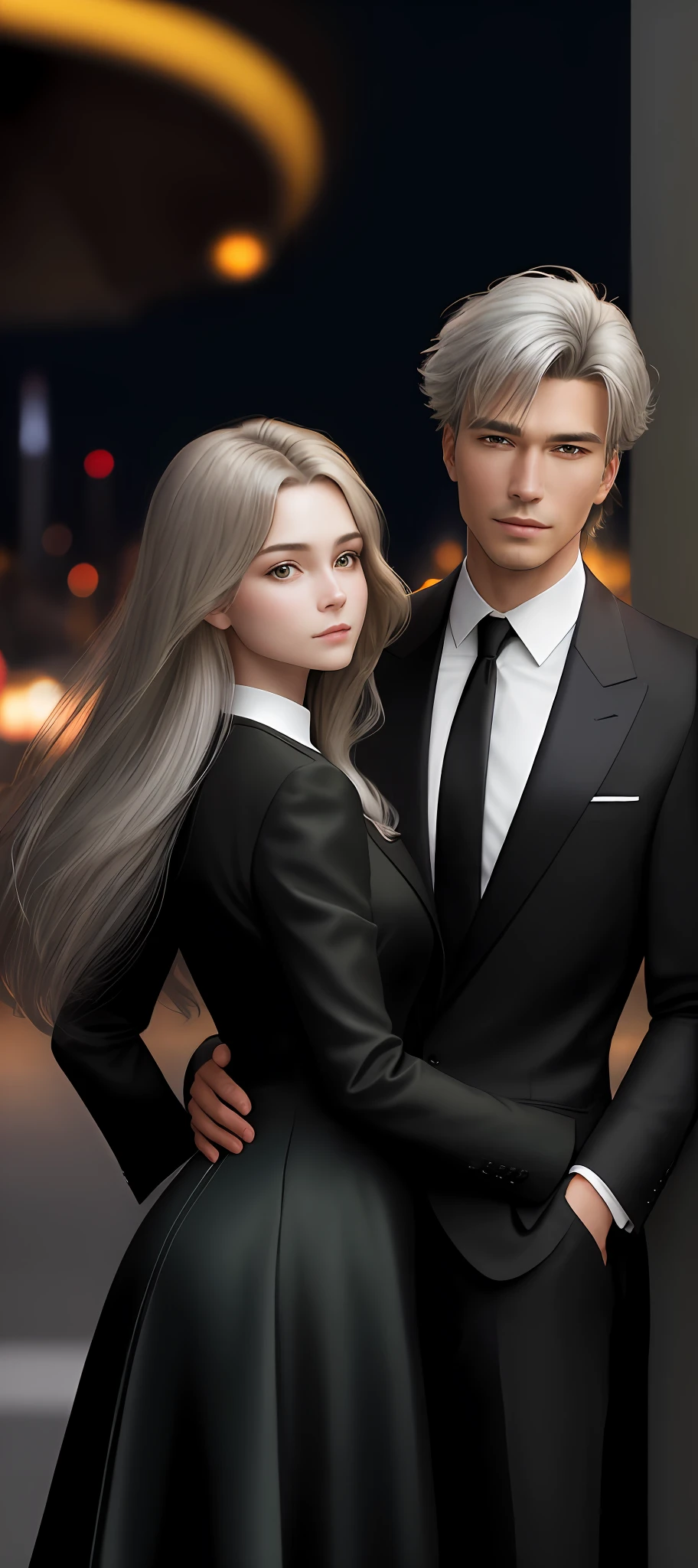 (masterpiece, best quality),((from bottom, depth of field, Dutch angle, green lighting)))), floating hair, 1girl and 1men hugging on honeymoon, formal, hand in pocket, suit, black gloves, construction, looking at the viewer, black tie, fingerless gloves, white shirt, city, outdoors, black jacket, belt, black pants, collared shirt, brown eyes, standing, long sleeves, gray hair, cityscape, open jacket, cowboy shot, skyscraper, black suit, night, pants suit, very long hair