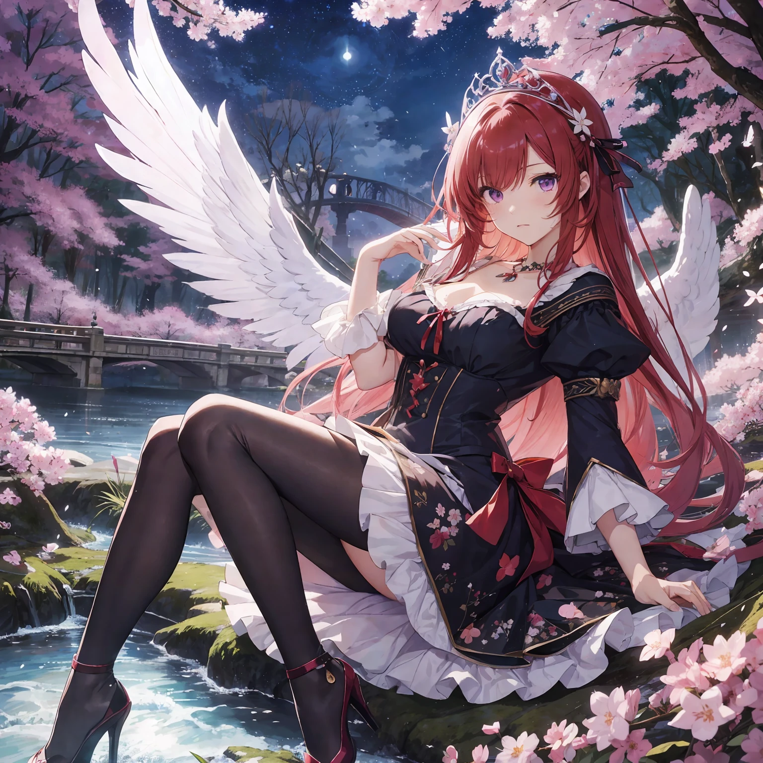 (masterpiece, best quality: 1.2), 1girl, solo, anime art, magic circle, red hair, long hair, finely detailed eyes, serious expression, sweat, dress with ruffles, purple color scheme, high heels, white gloves, heart shaped necklace, tiara, flying birds, forest, angel wings, scales, sharp claws, pointed tail, sakura trees, moonlight filtering through leaves, fallen leaves,  shrubs, sakura flowers, flying flowers, river, bridge, night clouds, starry sky, windy, rustling leaves, anime style --auto --s2