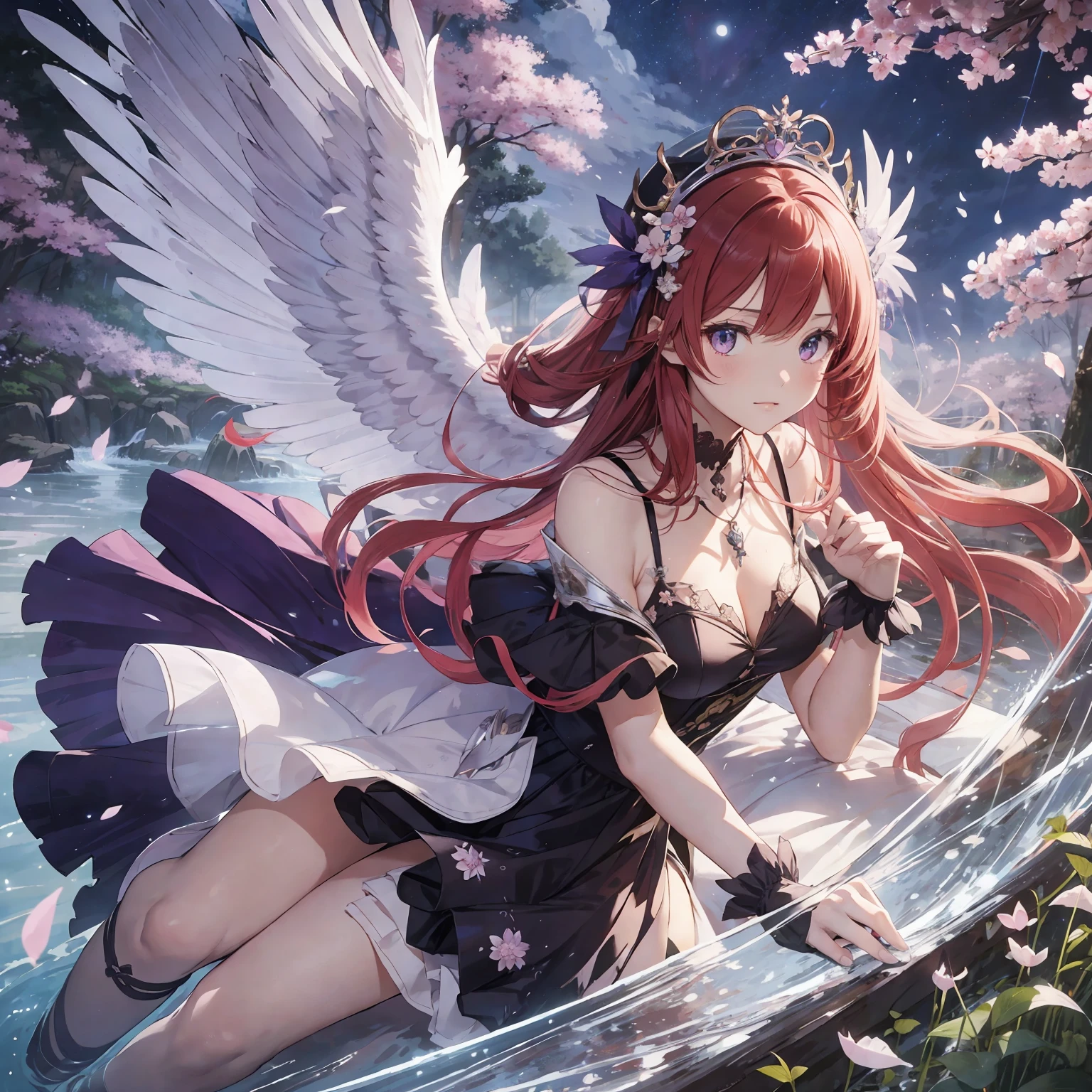 (masterpiece, best quality: 1.2), 1girl, solo, anime art, magic circle, red hair, long hair, finely detailed eyes, serious expression, sweat, dress with ruffles, purple color scheme, high heels, white gloves, heart shaped necklace, tiara, flying birds, forest, angel wings, scales, sharp claws, pointed tail, sakura trees, moonlight filtering through leaves, fallen leaves,  shrubs, sakura flowers, flying flowers, river, bridge, night clouds, starry sky, windy, rustling leaves, anime style --auto --s2