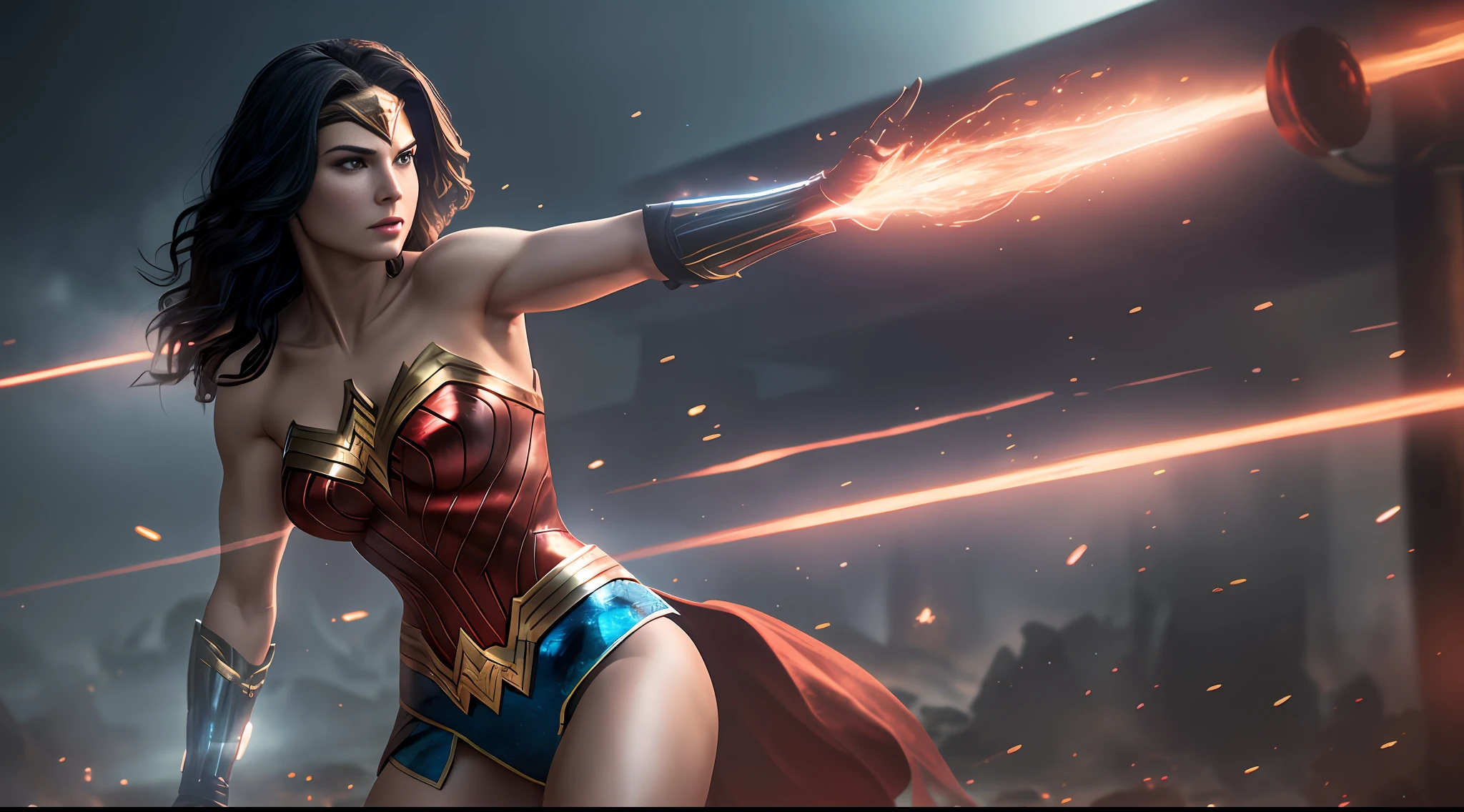 wonder woman, medium breasts, big ass, letting go of hands magic red, sexy, perfect body, ((original uniform)), fire involving character, cyberpunk, fitnes model, thin, back position, photography, diffuse side lighting, soft details, octane, artstation trend, luminous particles in the air, scary scenery, ultra high detail, ultra realistic, cinematic, dark scenery, fog at night, unreal engine, engine unreal engine, 16k, ((by Marvel))