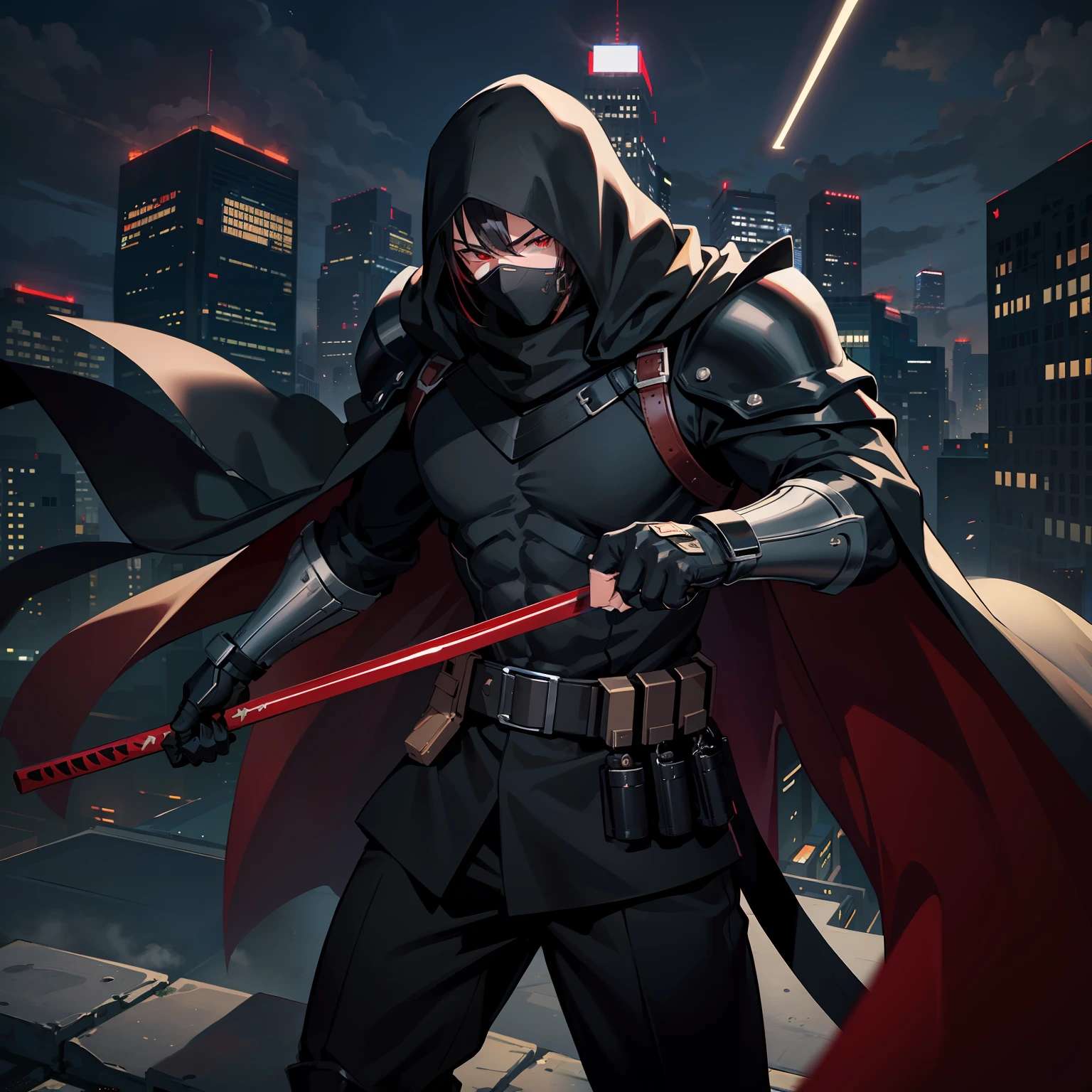 The highest quality, perfect masterpiece, perfect art, 8K, 1male, super hero, Japanese, black hair, (long black cape), (black hood), at night, serious, cold, ninja mask in mouth, red eyes, on top of a building, vigilant, trained physique, ninja style, black clothing all over the body, agile, silver armor, light armor, utility belt