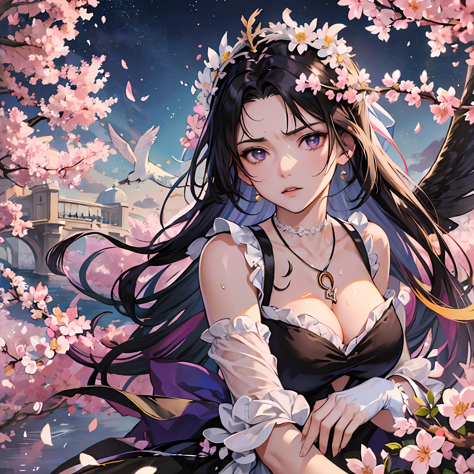 (masterpiece, anime, best quality: 1.2), 1girl, solo, anime art, magic circle, black hair, long hair, finely detailed eyes, angry expression, sweat, dress with ruffles, purple color scheme, high heels, white gloves, heart shaped necklace, tiara, flying birds, forest, angel wings, scales, sharp claws, pointed tail, sakura trees, moonlight filtering through the leaves,  fallen leaves, shrubs, sakura flowers, flying flowers, river, bridge, night clouds, starry sky, windy, rustle of leaves, anime style --auto --s2