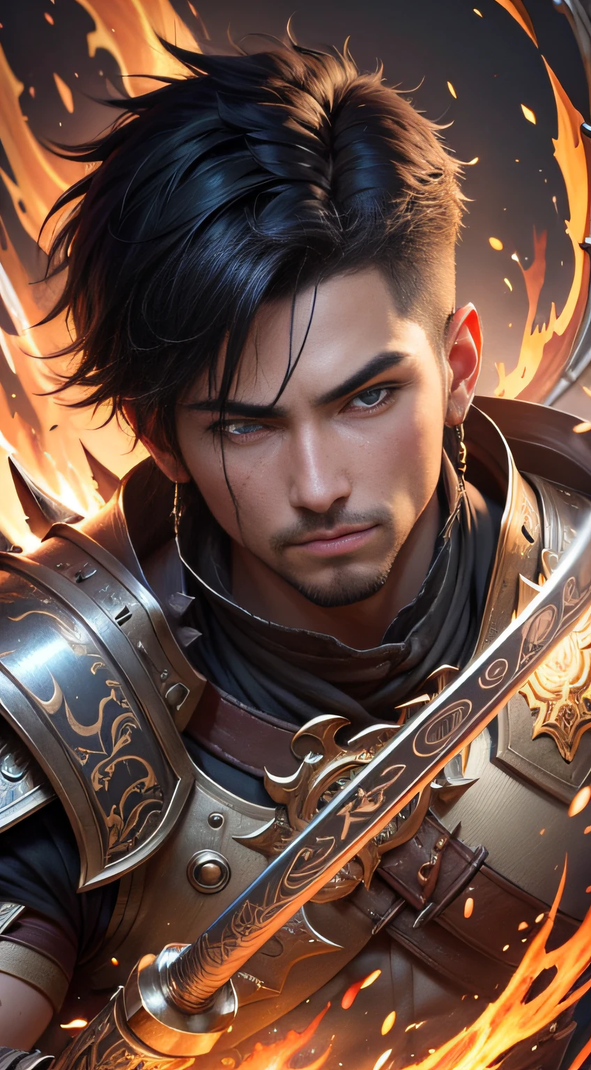 Young Warrior, man, short black hair shaved from the side, mark on the mystical text of light in the form of Dragon, aura of power throughout the body, action scene, sword on fire. Highly detailed eyes, golden light effects, dragon scale armor. A closeup of a man holding a sword in a fire, male warrior, 4K detail fantasy,, Chengwei Pan on Artstation, Ross Tran 8K, fantasy art behance, extremely detailed artgerm, fantasy warrior, hyperdetailed fantasy character, epic fantasy digital art style, artgerm detailed, wlop and ross tran, hyper detailed dragon eyes, dilated pupils,  snake pupils, amber eyes, modern, cinematic lighting, diffraction spikes, Hasselblad, UHD, masterpiece, super detail, best quality, 1080P, 8k