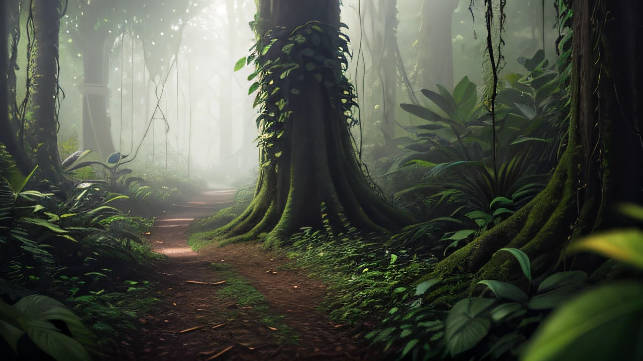 A jungle, vines all around, giant wet trees, masterpiece, best quality, high quality, extremely detailed 8k CG unity wallpaper, oil painting, award winning photography, Bokeh, Depth of Field, HDR, bloom, chromatic aberration, photorealistic, extremely detailed, trend on artstation, trend on CGsociety, intricate, high detail, dramatic, art in the middle, volumetric lighting