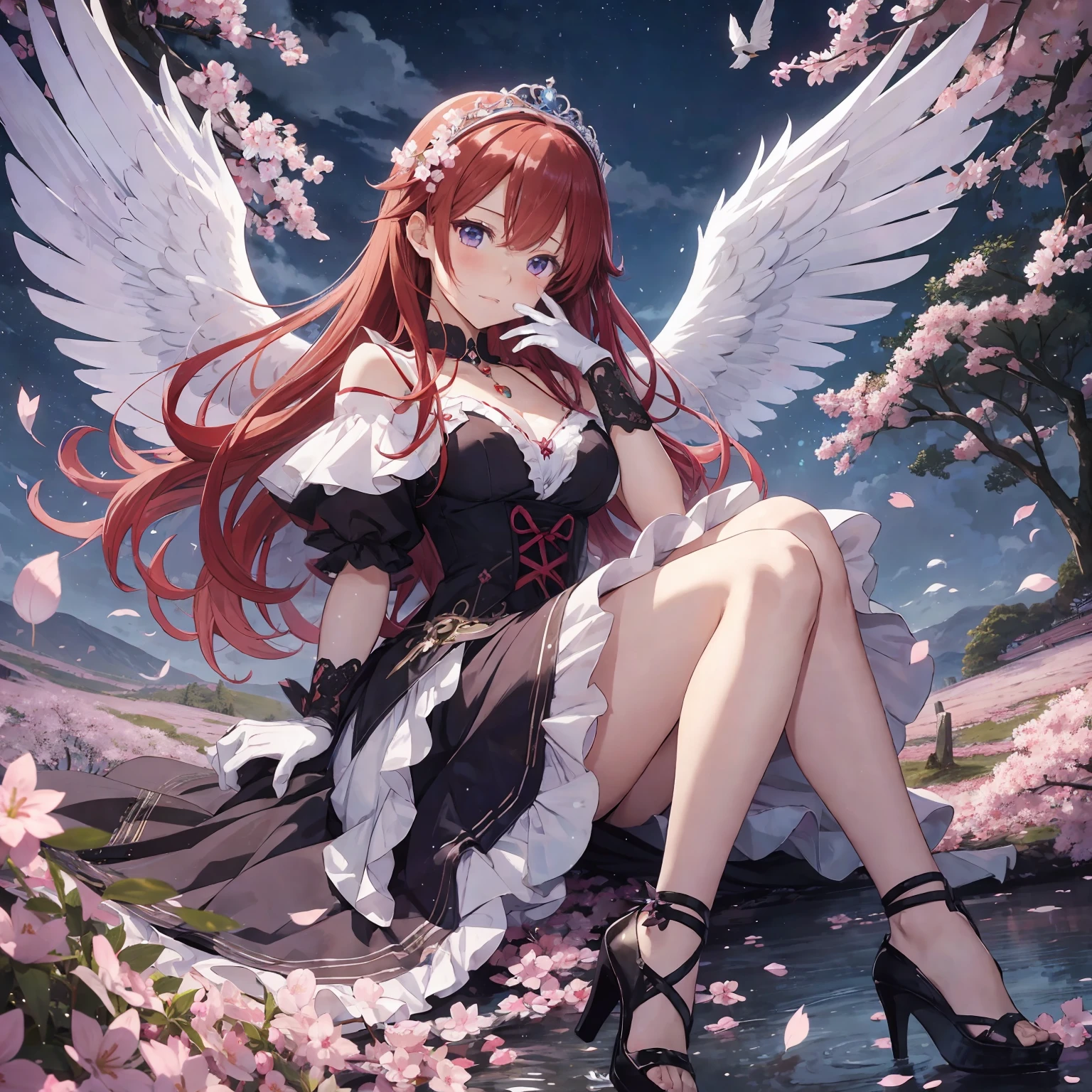 (masterpiece, anime, best quality: 1.2), 1girl, solo, anime art, magic circle, red hair, long hair, finely detailed eyes, serious expression, sweat, dress with ruffles, purple color scheme, high heels, white gloves, heart shaped necklace, tiara, flying birds, forest, black angel wings, sakura trees, moonlight filtering through leaves, fallen leaves, shrubs, sakura flowers, flying flowers, river, bridge, night clouds, starry sky, windy, rustle of leaves, anime style --auto --s2