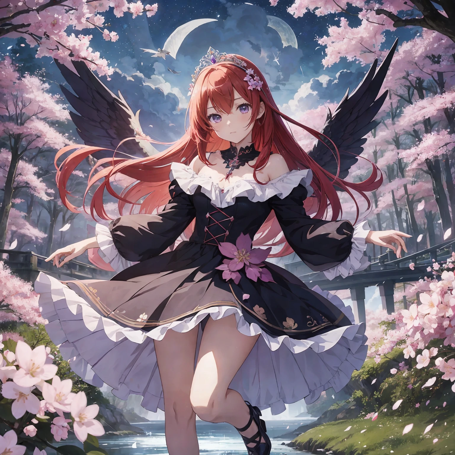 (masterpiece, anime, best quality: 1.2), 1girl, solo, anime art, magic circle, red hair, long hair, finely detailed eyes, serious expression, sweat, dress with ruffles, purple color scheme, high heels, white gloves, heart shaped necklace, tiara, flying birds, forest, black angel wings, sakura trees, moonlight filtering through leaves, fallen leaves, shrubs, sakura flowers, flying flowers, river, bridge, night clouds, starry sky, windy, rustle of leaves, anime style --auto --s2