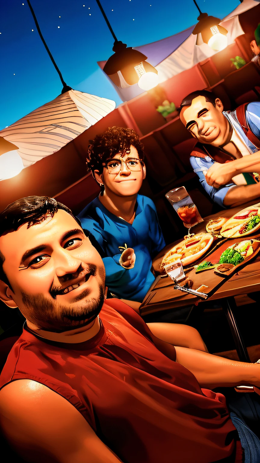 Several men sitting at a table with plates of food and drinks, in Sao Paulo, Salvador, Instagram Story, photo taken at night, high quality, cartonizar