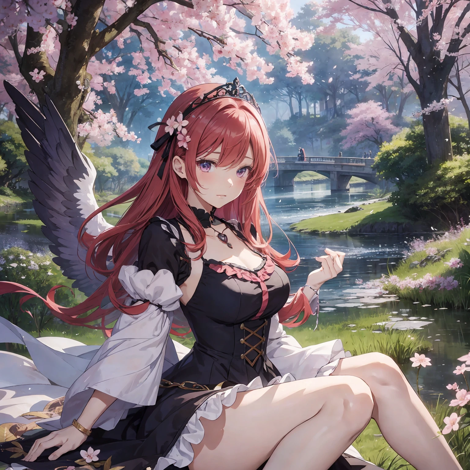 (masterpiece, anime, best quality: 1.2), 1girl, solo, anime art, magic circle, red hair, long hair, finely detailed eyes, serious expression, sweat, dress with ruffles, purple color scheme, high heels, white gloves, heart shaped necklace, tiara, flying birds, forest, black angel wings, sakura trees, moonlight filtering through leaves, fallen leaves, shrubs, sakura flowers, flying flowers, river, bridge, night clouds, starry sky, windy, rustle of leaves, anime style --auto --s2
